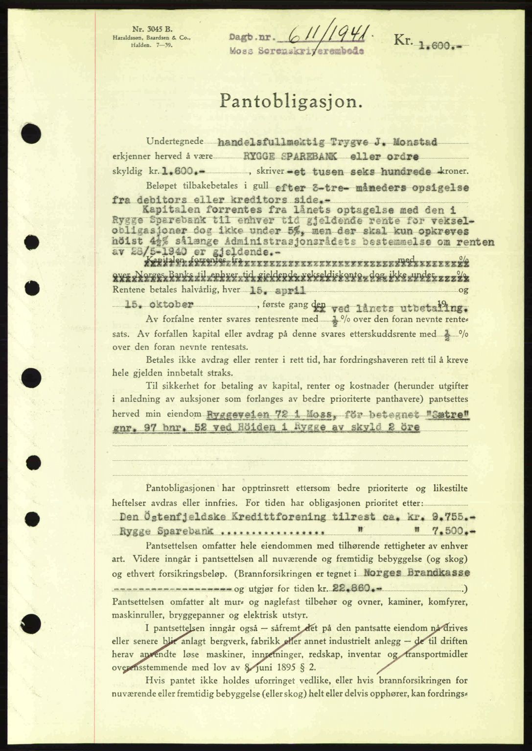 Moss sorenskriveri, SAO/A-10168: Pantebok nr. B10, 1940-1941, Dagboknr: 611/1941