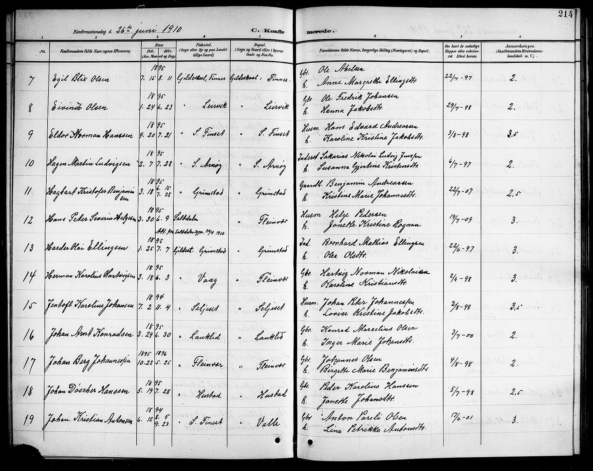 Ministerialprotokoller, klokkerbøker og fødselsregistre - Nordland, AV/SAT-A-1459/805/L0109: Klokkerbok nr. 805C05, 1900-1911, s. 214