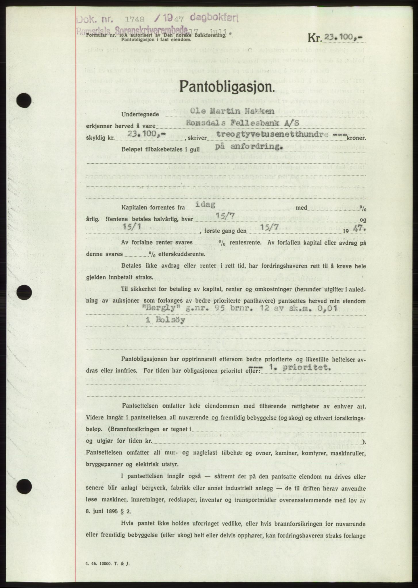 Romsdal sorenskriveri, SAT/A-4149/1/2/2C: Pantebok nr. B3, 1946-1948, Dagboknr: 1748/1947