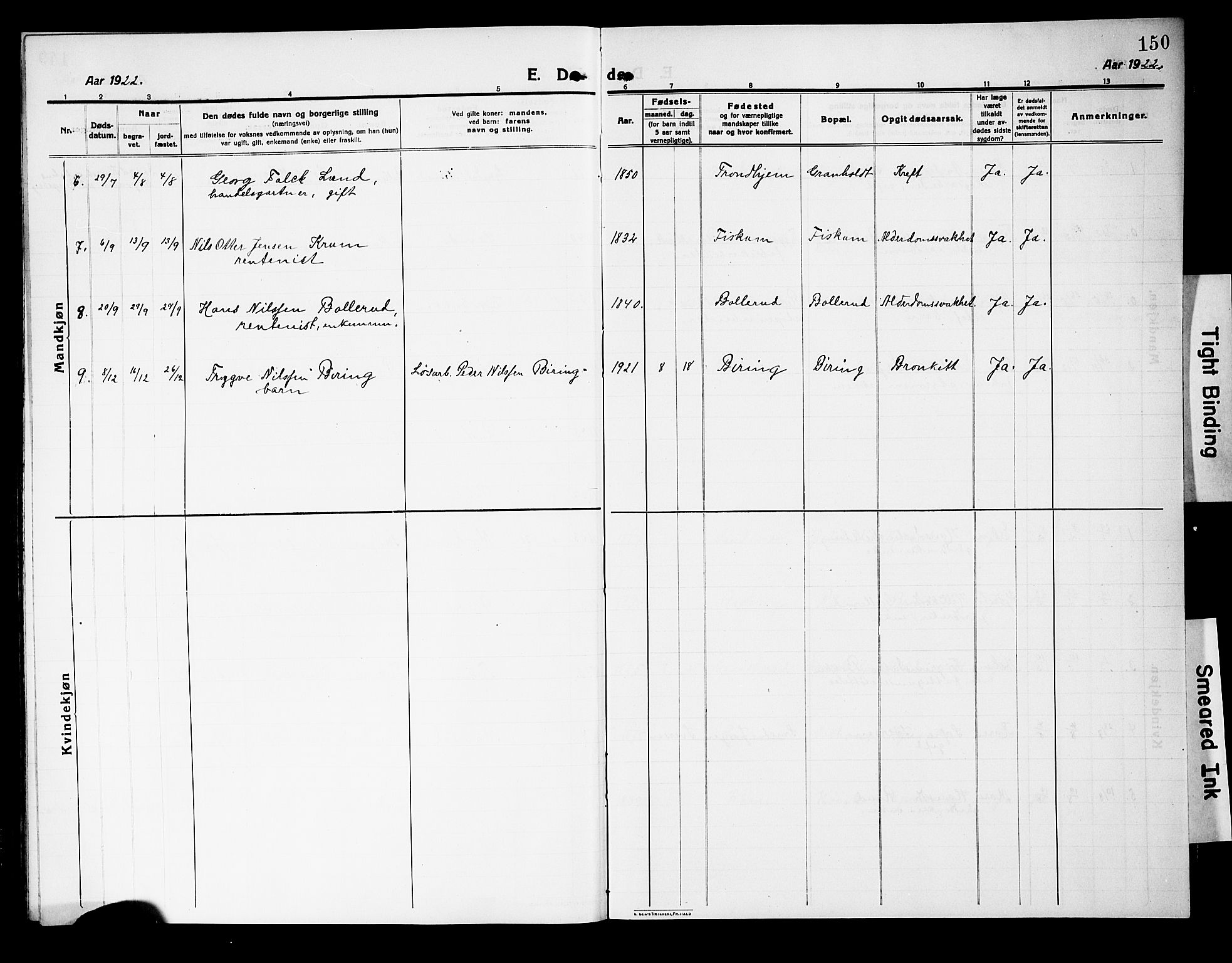 Fiskum kirkebøker, AV/SAKO-A-15/G/Ga/L0006: Klokkerbok nr. 6, 1913-1927, s. 150