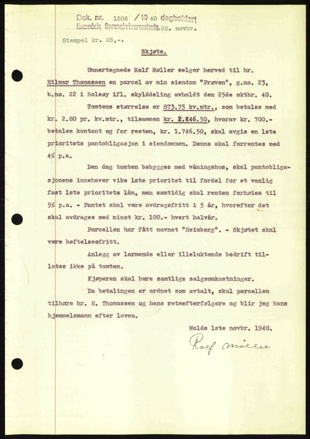 Romsdal sorenskriveri, SAT/A-4149/1/2/2C: Pantebok nr. A9, 1940-1941, Dagboknr: 1506/1940