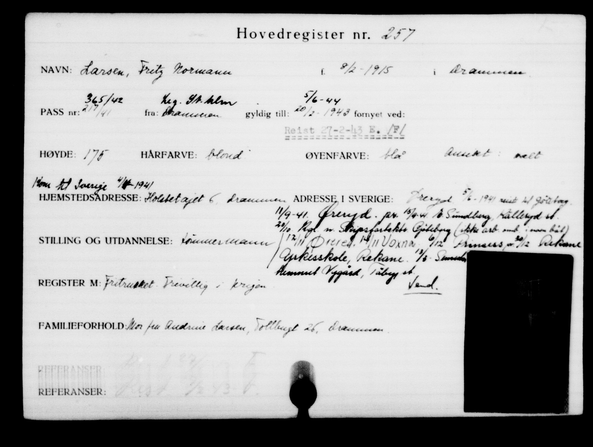 Utenriksstasjonene, Legasjonen i Stockholm, Flyktningkontoret, AV/RA-S-6753/V/Va/L0001: Kjesäterkartoteket, flyktninger med registreringsnr. 1-1000, 1940-1945, s. 412
