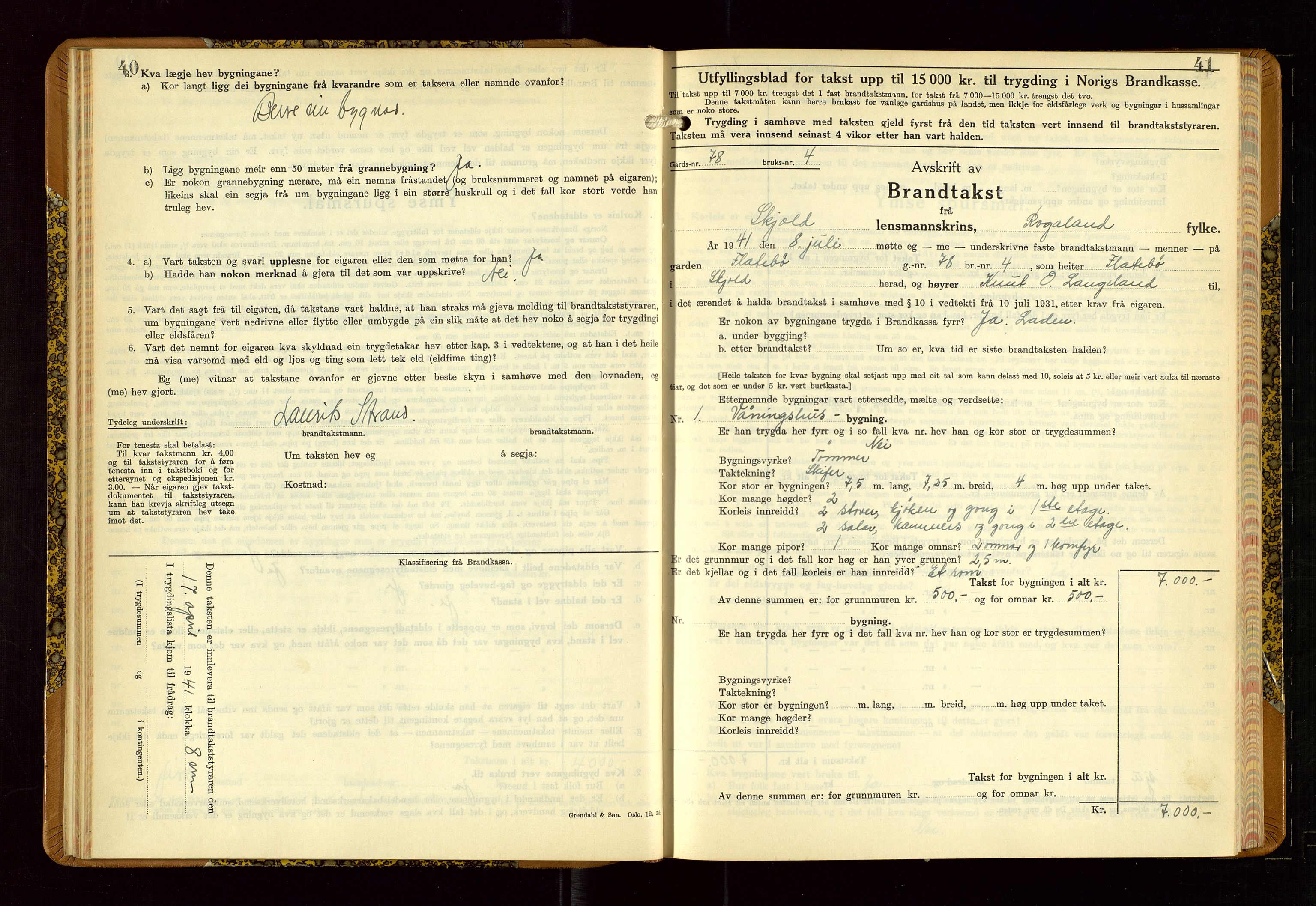 Skjold lensmannskontor, AV/SAST-A-100182/Gob/L0002: "Branntakstbok for Skjold lensmannskrins Rogaland fylke", 1939-1952, s. 40-41