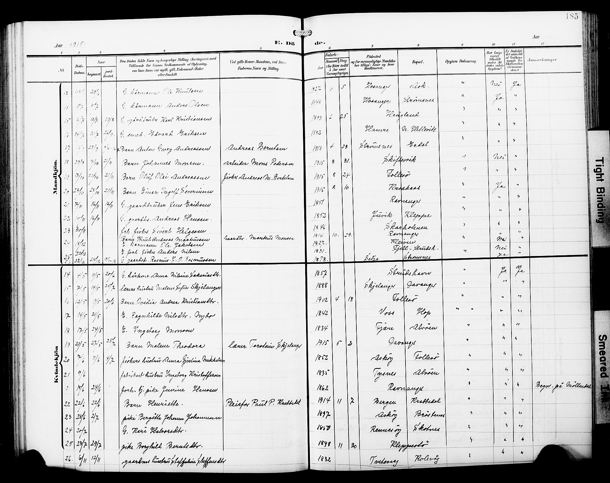 Askøy Sokneprestembete, AV/SAB-A-74101/H/Ha/Hab/Haba/L0014: Klokkerbok nr. A 14, 1904-1927, s. 185