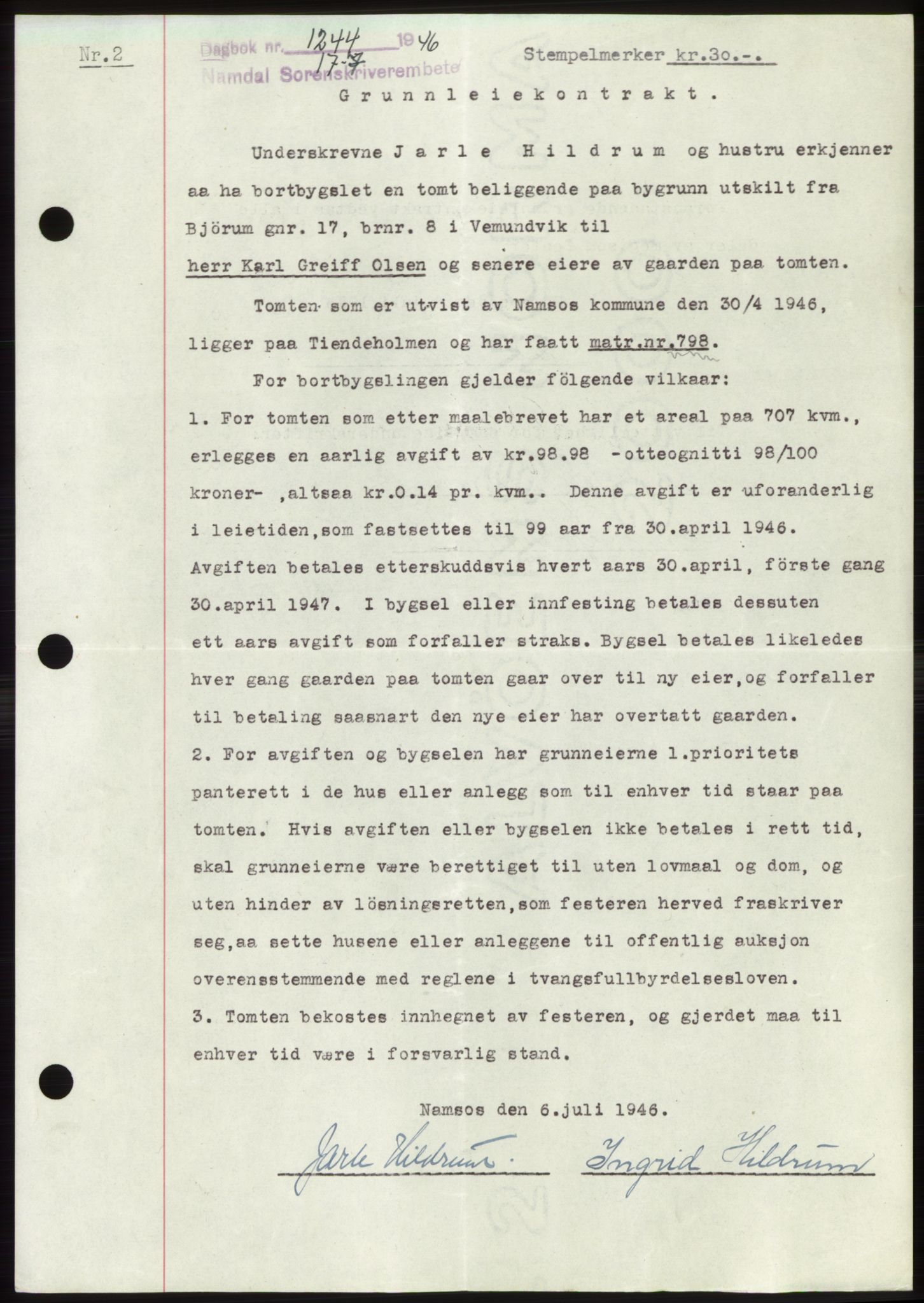 Namdal sorenskriveri, SAT/A-4133/1/2/2C: Pantebok nr. -, 1946-1946, Dagboknr: 1244/1946