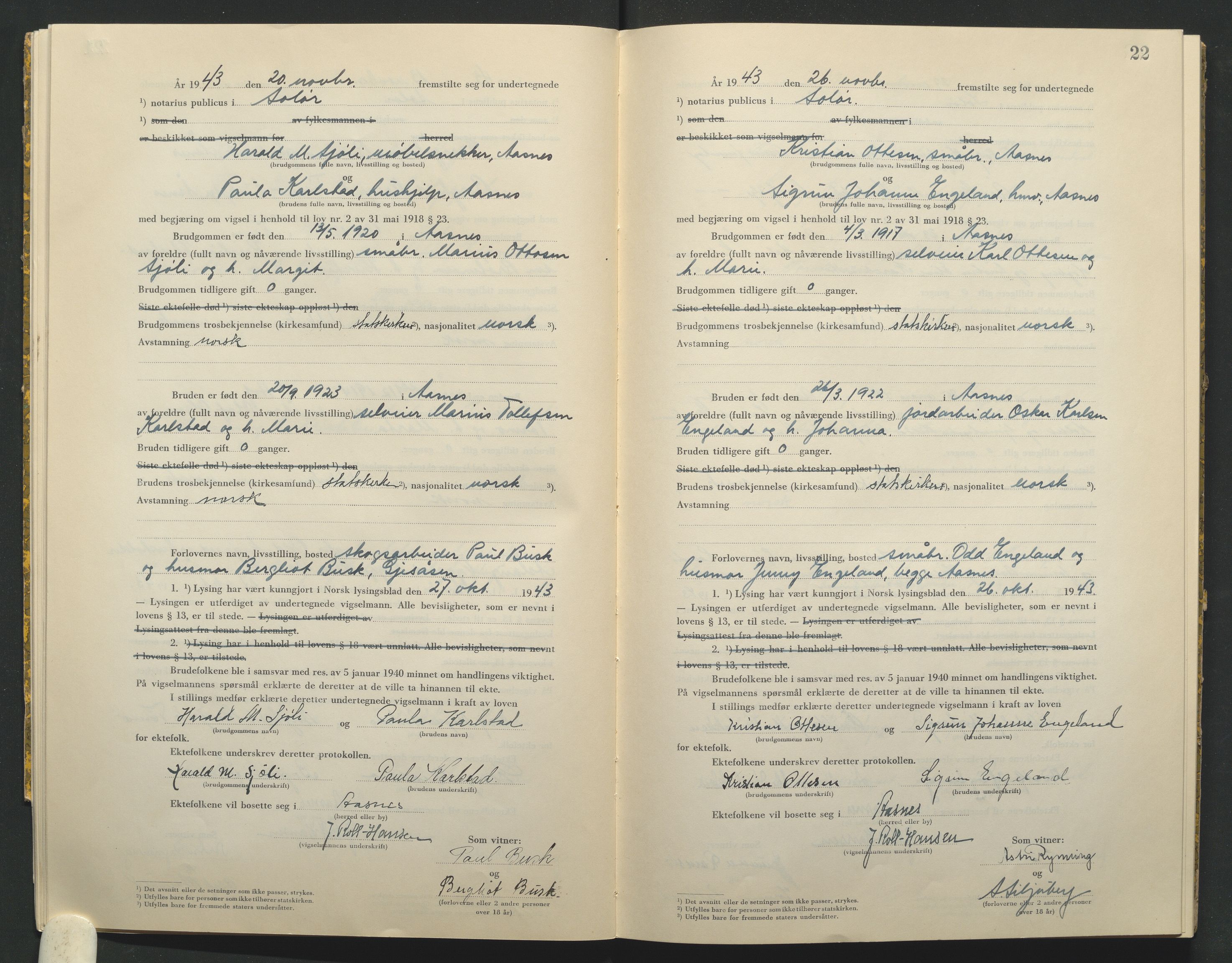 Solør tingrett, AV/SAH-TING-008/L/Lb/L0002: Vigselprotokoll, 1943-1944, s. 22