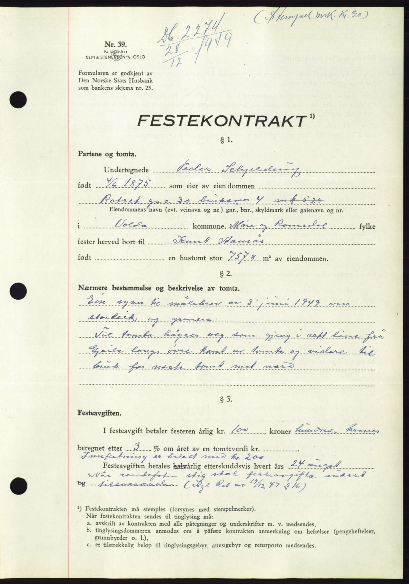 Søre Sunnmøre sorenskriveri, SAT/A-4122/1/2/2C/L0086: Pantebok nr. 12A, 1949-1950, Dagboknr: 2274/1949