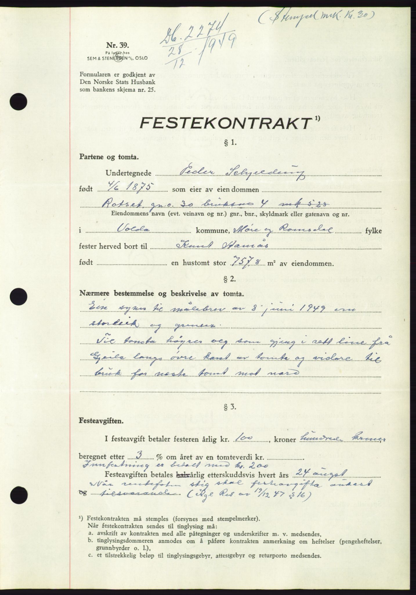 Søre Sunnmøre sorenskriveri, AV/SAT-A-4122/1/2/2C/L0086: Pantebok nr. 12A, 1949-1950, Dagboknr: 2274/1949