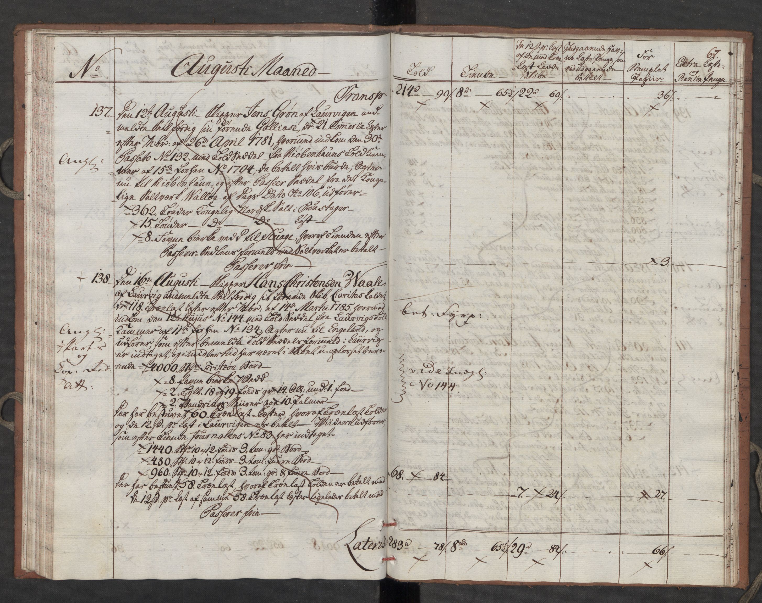 Generaltollkammeret, tollregnskaper, AV/RA-EA-5490/R10/L0052/0002: Tollregnskaper Tønsberg / Utgående tollbok, 1790, s. 66b-67a