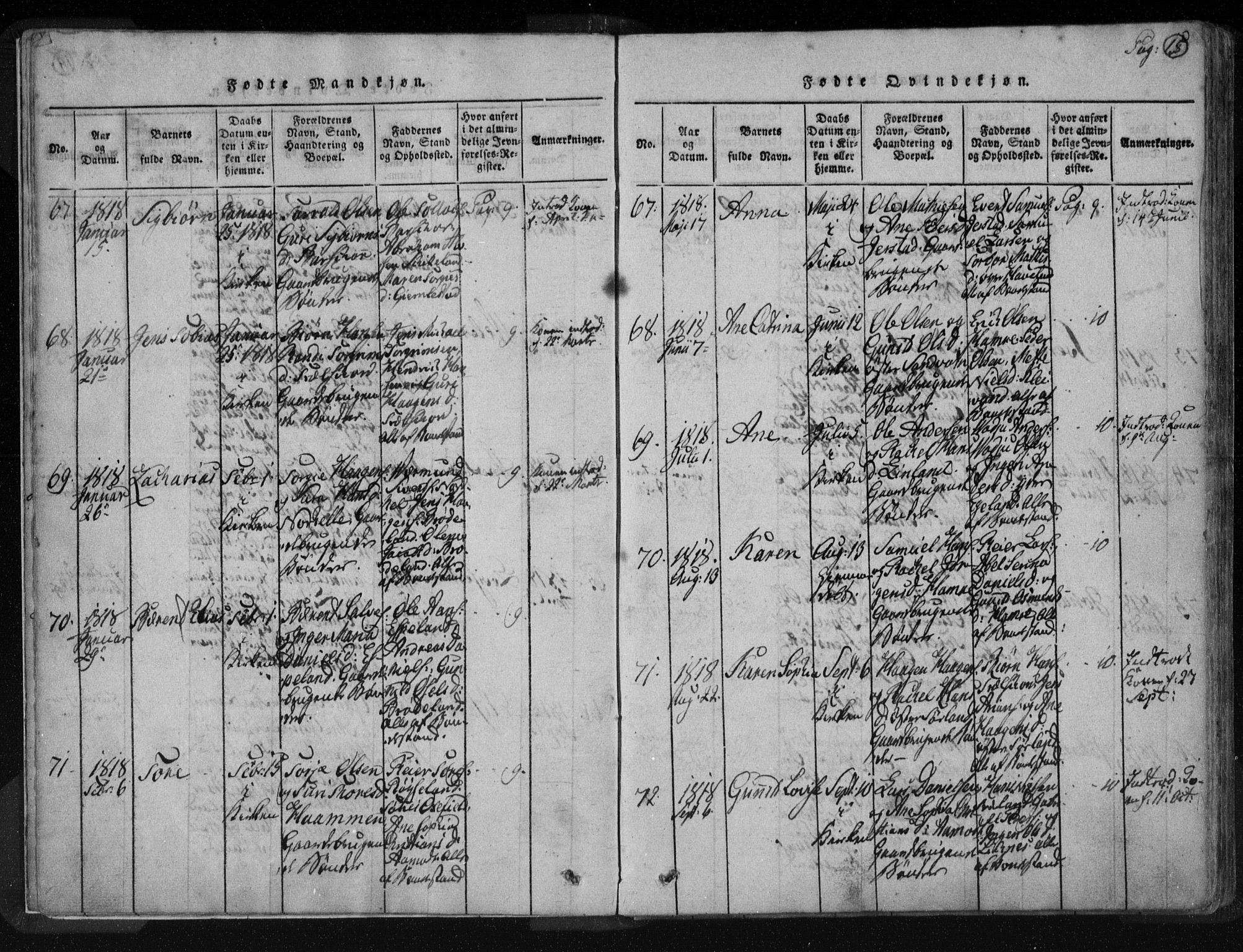 Kvinesdal sokneprestkontor, AV/SAK-1111-0026/F/Fa/Fab/L0003: Ministerialbok nr. A 3, 1815-1829, s. 15