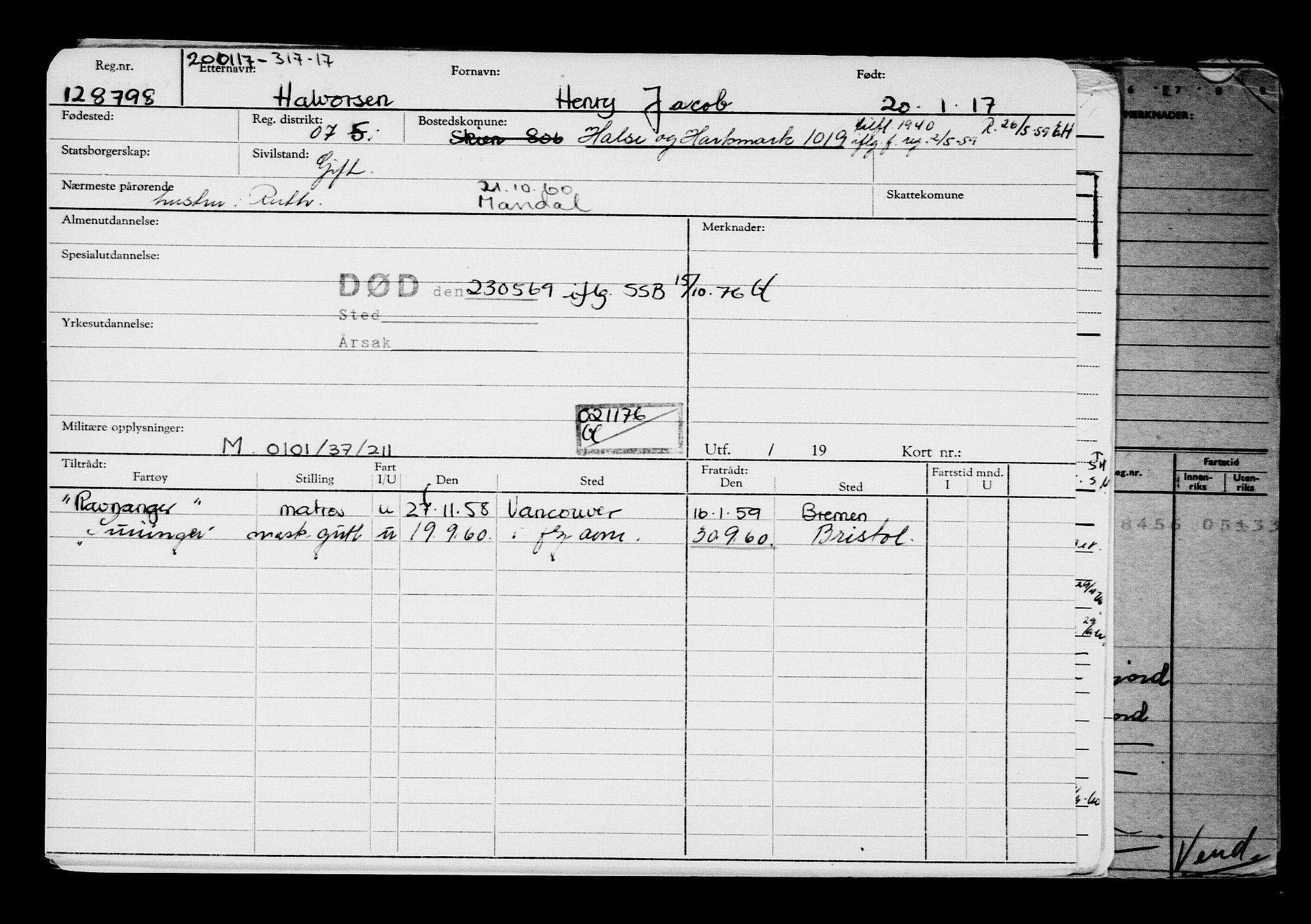 Direktoratet for sjømenn, RA/S-3545/G/Gb/L0145: Hovedkort, 1917, s. 366