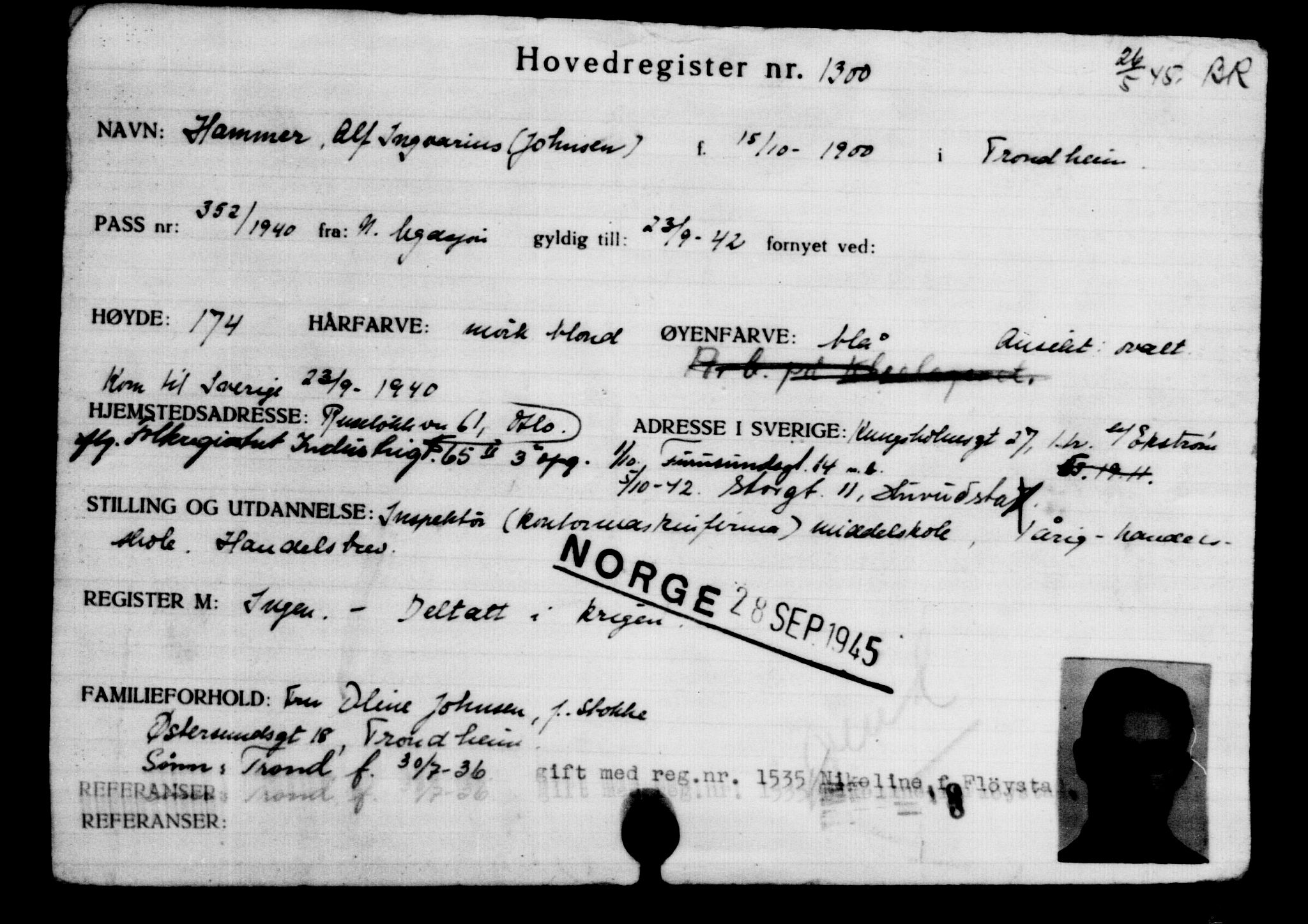 Utenriksstasjonene, Legasjonen i Stockholm, Flyktningkontoret, AV/RA-S-6753/V/Va/L0002: Kjesäterkartoteket, flyktninger med registreringsnr. 1001-2000, 1940-1945, s. 436