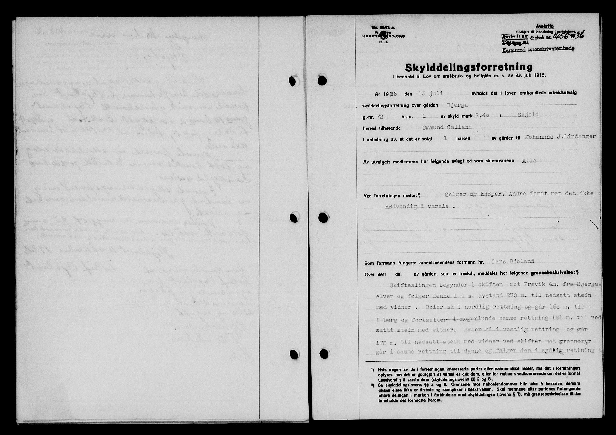 Karmsund sorenskriveri, SAST/A-100311/01/II/IIB/L0066: Pantebok nr. 47A, 1936-1936, Dagboknr: 1456/1936