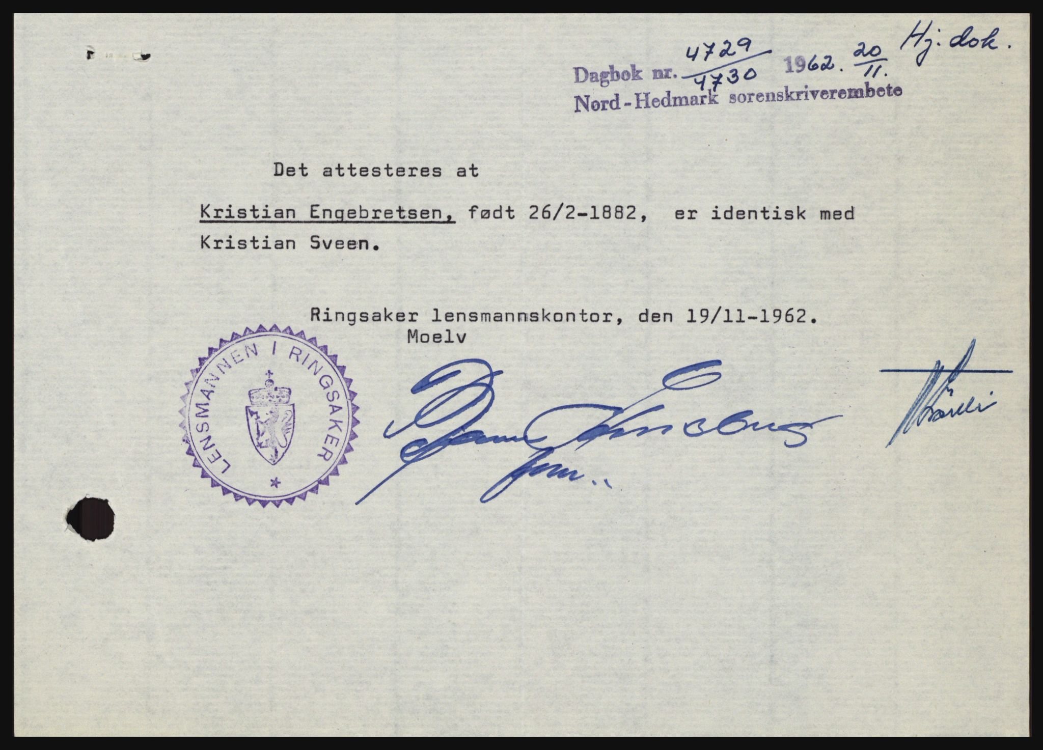 Nord-Hedmark sorenskriveri, SAH/TING-012/H/Hc/L0017: Pantebok nr. 17, 1962-1963, Dagboknr: 4729/1962