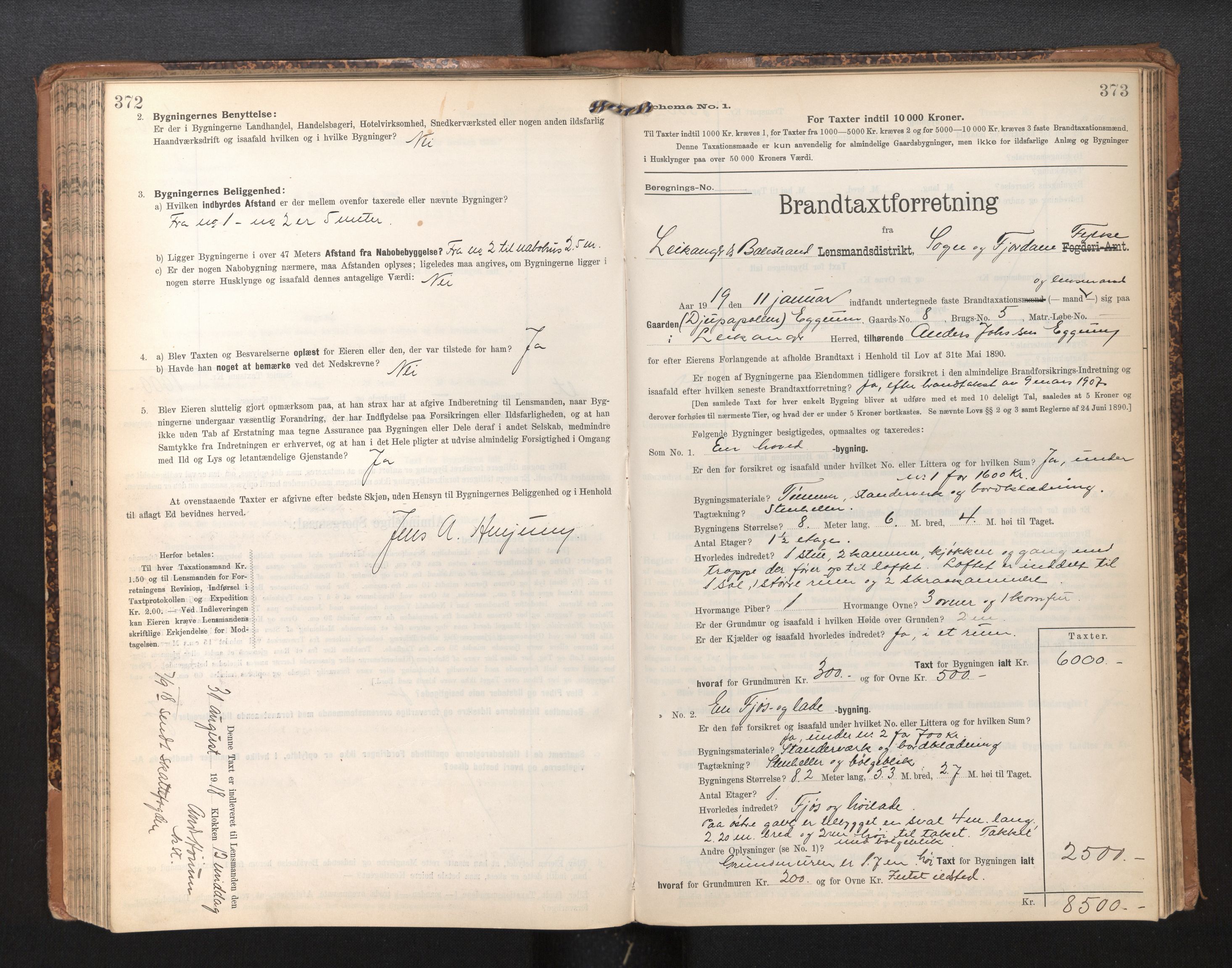Lensmannen i Leikanger, SAB/A-29201/0012/L0005: Branntakstprotokoll, skjematakst, 1907-1917, s. 372-373