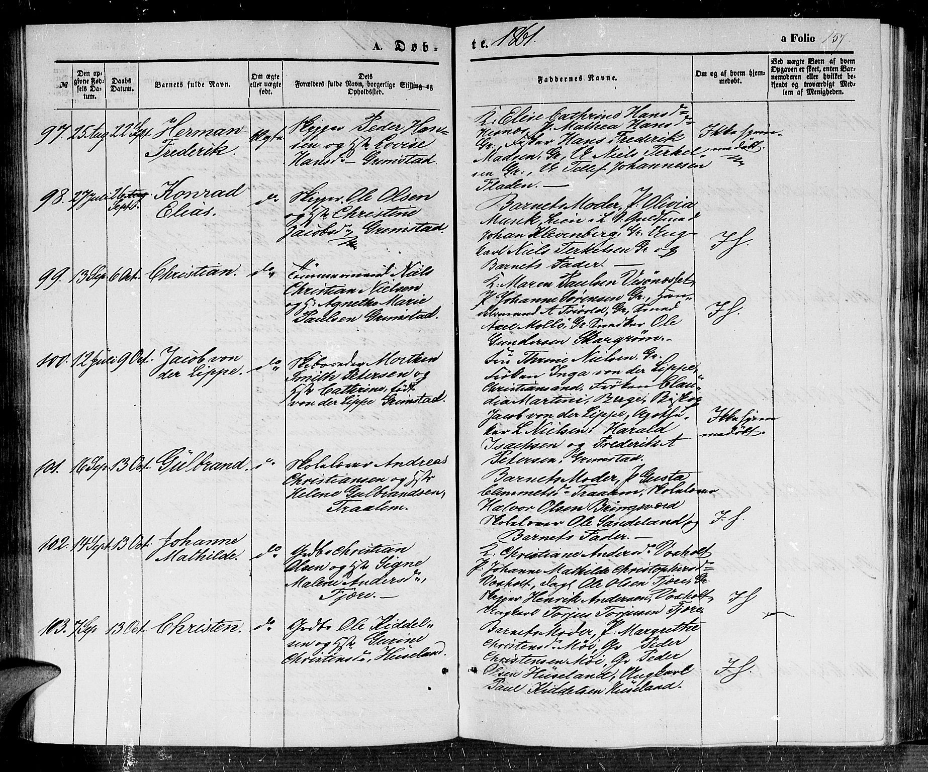 Fjære sokneprestkontor, AV/SAK-1111-0011/F/Fb/L0008: Klokkerbok nr. B 8, 1854-1867, s. 157