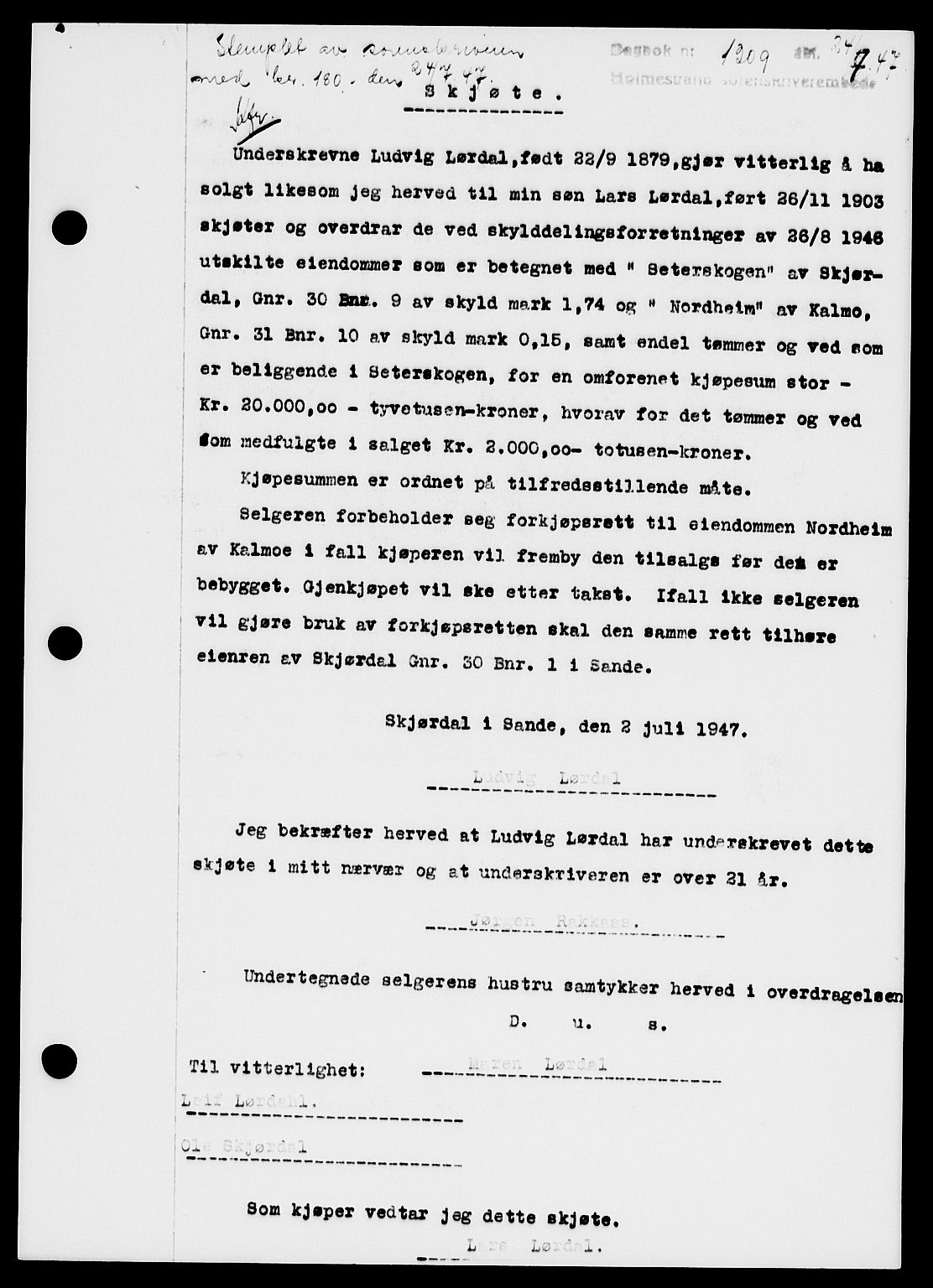 Holmestrand sorenskriveri, SAKO/A-67/G/Ga/Gaa/L0062: Pantebok nr. A-62, 1947-1947, Dagboknr: 1309/1947