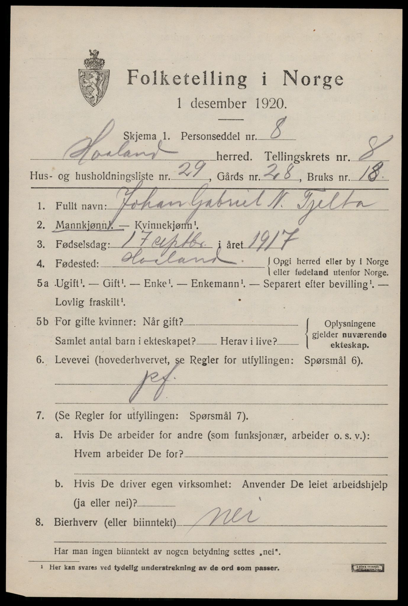 SAST, Folketelling 1920 for 1124 Håland herred, 1920, s. 6691