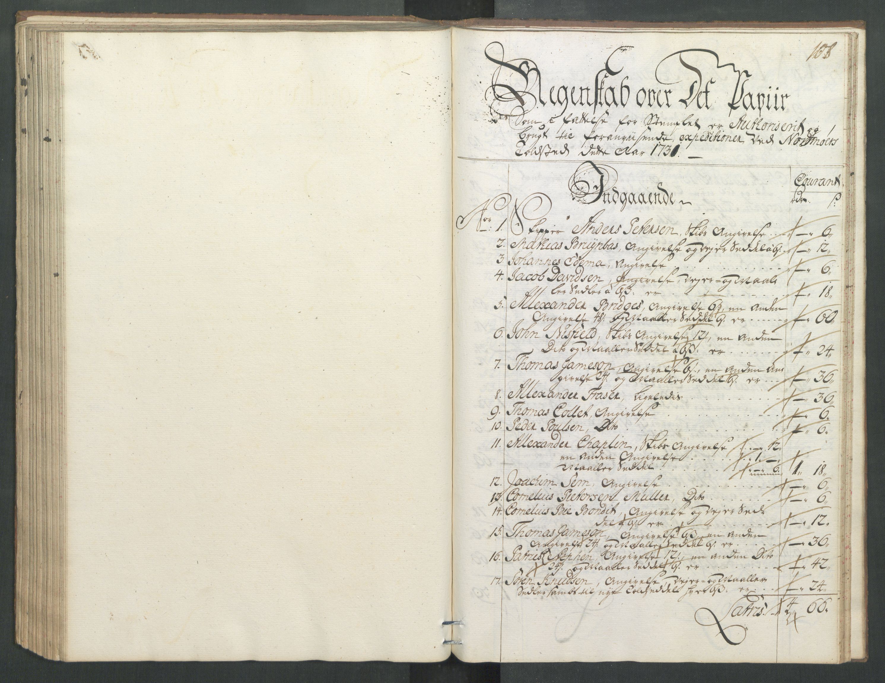 Generaltollkammeret, tollregnskaper, AV/RA-EA-5490/R32/L0004/0001: Tollregnskaper Kristiansund / Hovedtollbok, 1731, s. 107b-108a