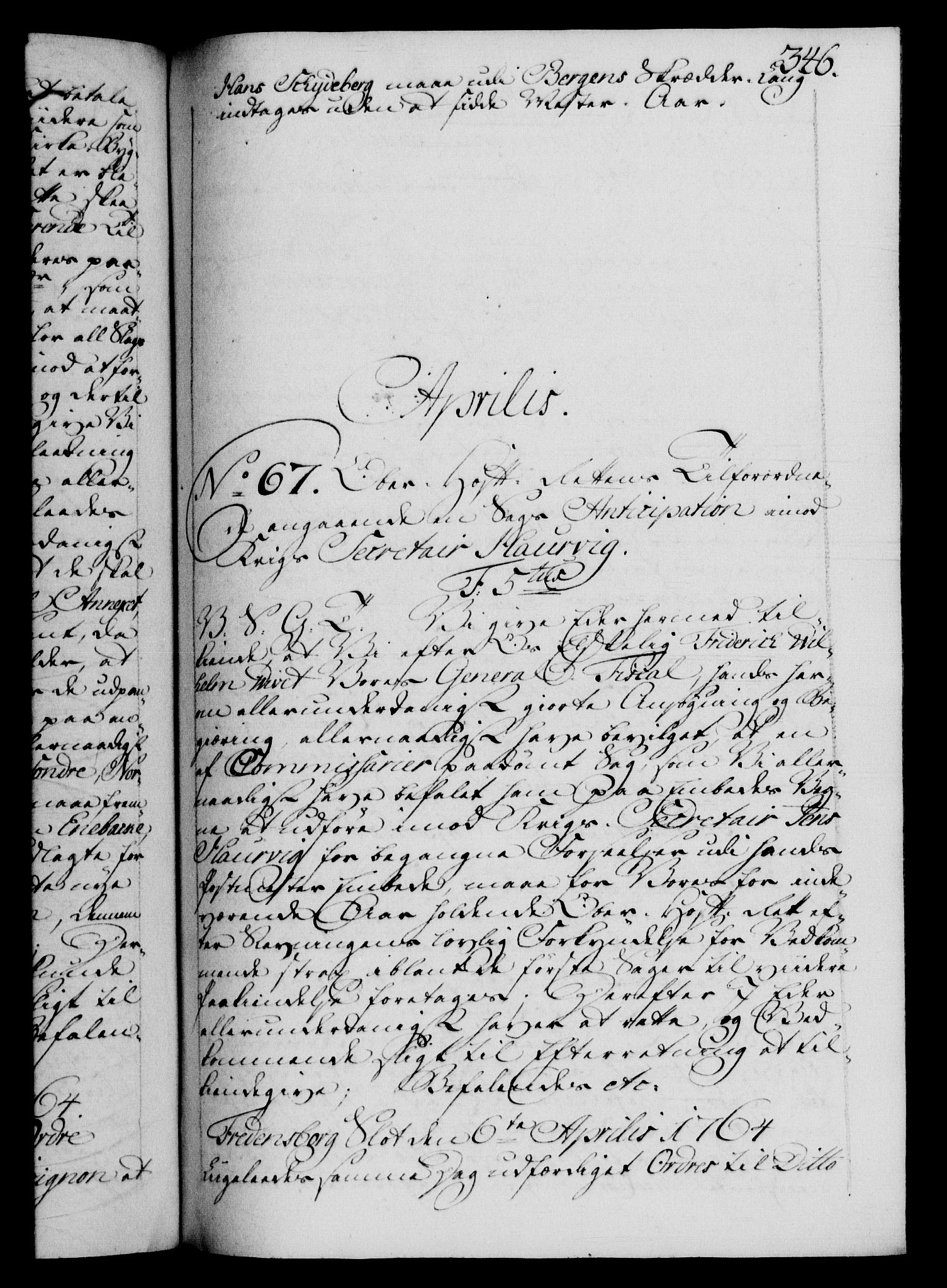 Danske Kanselli 1572-1799, RA/EA-3023/F/Fc/Fca/Fcab/L0037: Norske tegnelser, 1762-1766, s. 346a