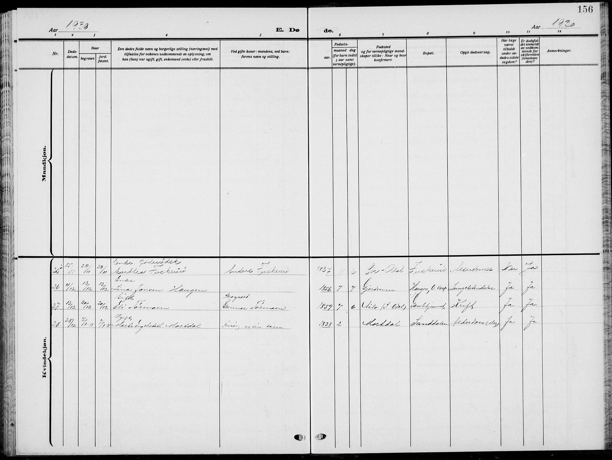 Sør-Odal prestekontor, AV/SAH-PREST-030/H/Ha/Hab/L0011: Klokkerbok nr. 11, 1922-1939, s. 156