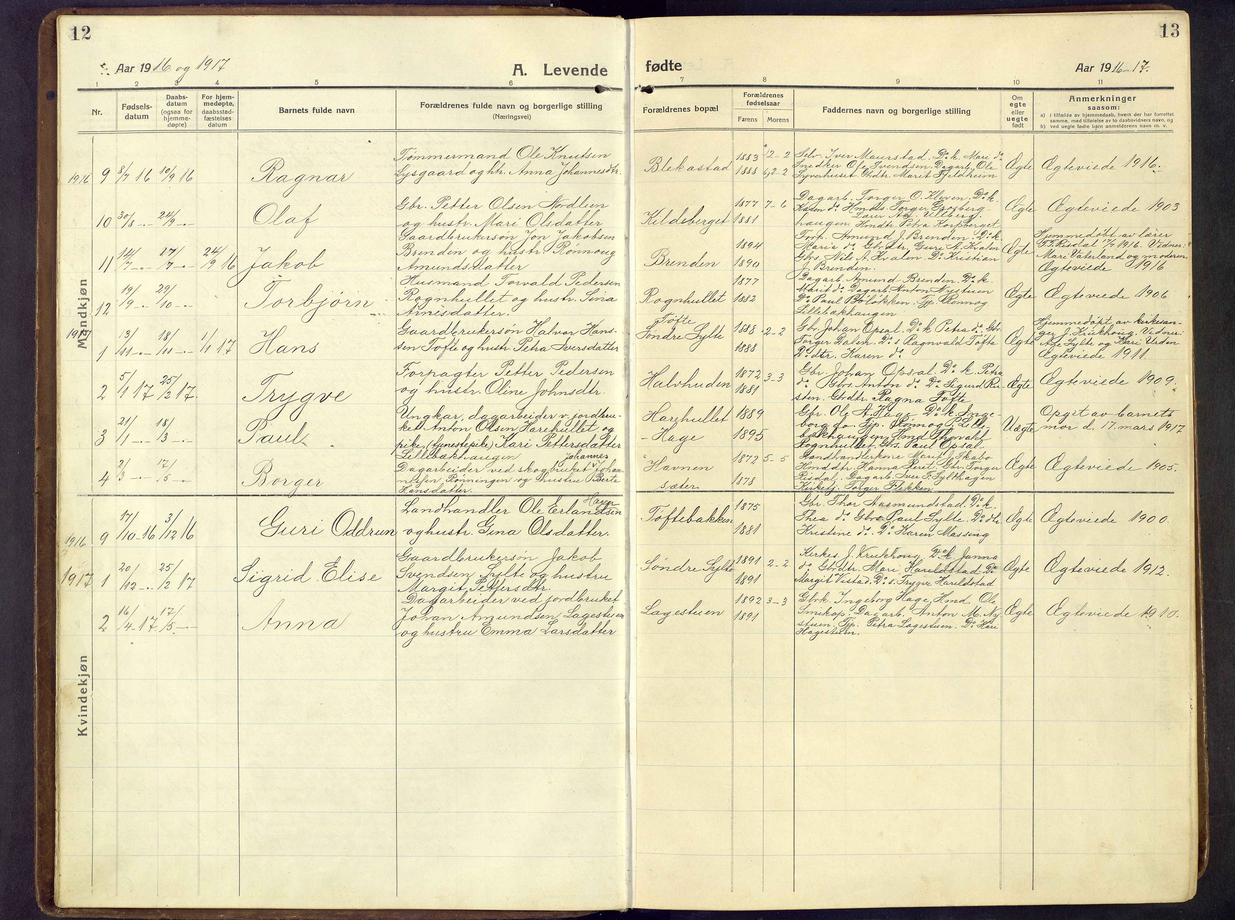 Nord-Fron prestekontor, SAH/PREST-080/H/Ha/Hab/L0009: Klokkerbok nr. 9, 1915-1958, s. 12-13