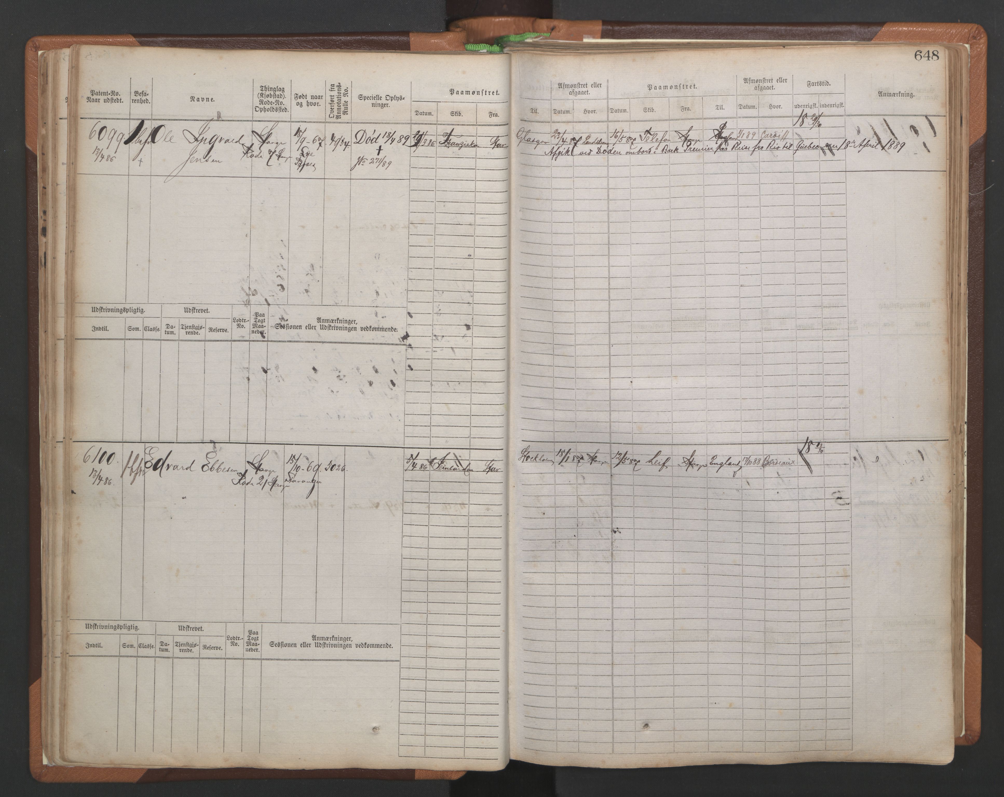 Stavanger sjømannskontor, SAST/A-102006/F/Fb/Fbb/L0010: Sjøfartshovedrulle, patentnr. 6007-6606 (del 1), 1887-1896, s. 52