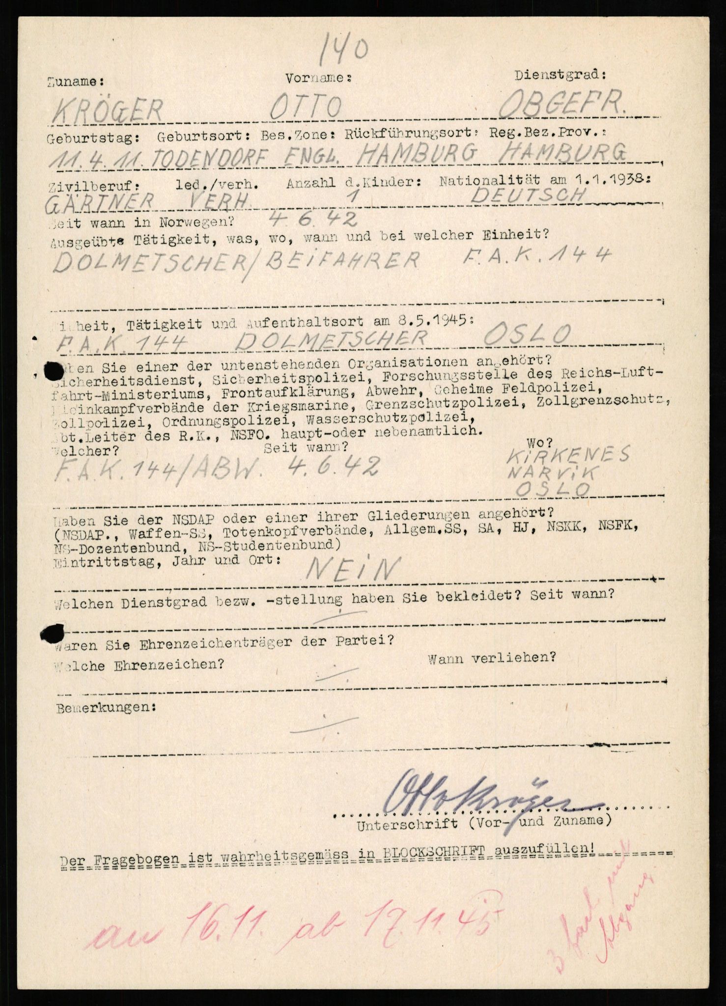 Forsvaret, Forsvarets overkommando II, AV/RA-RAFA-3915/D/Db/L0018: CI Questionaires. Tyske okkupasjonsstyrker i Norge. Tyskere., 1945-1946, s. 416