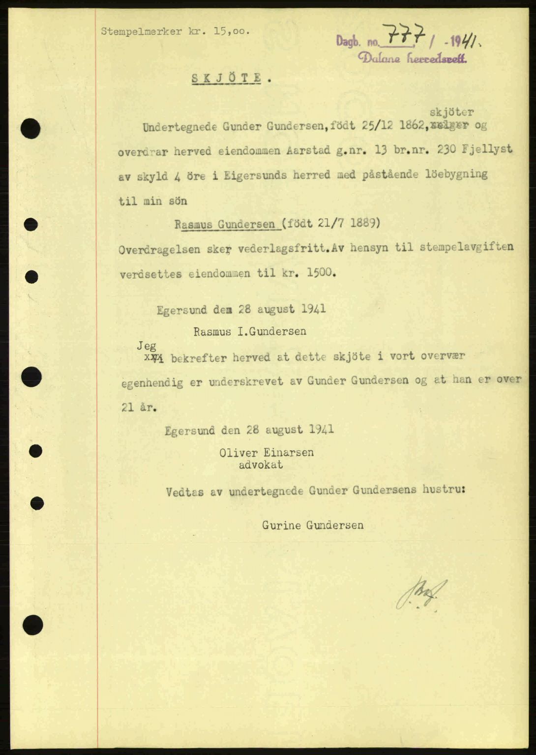 Dalane sorenskriveri, SAST/A-100309/02/G/Gb/L0045: Pantebok nr. A6, 1941-1942, Dagboknr: 777/1941