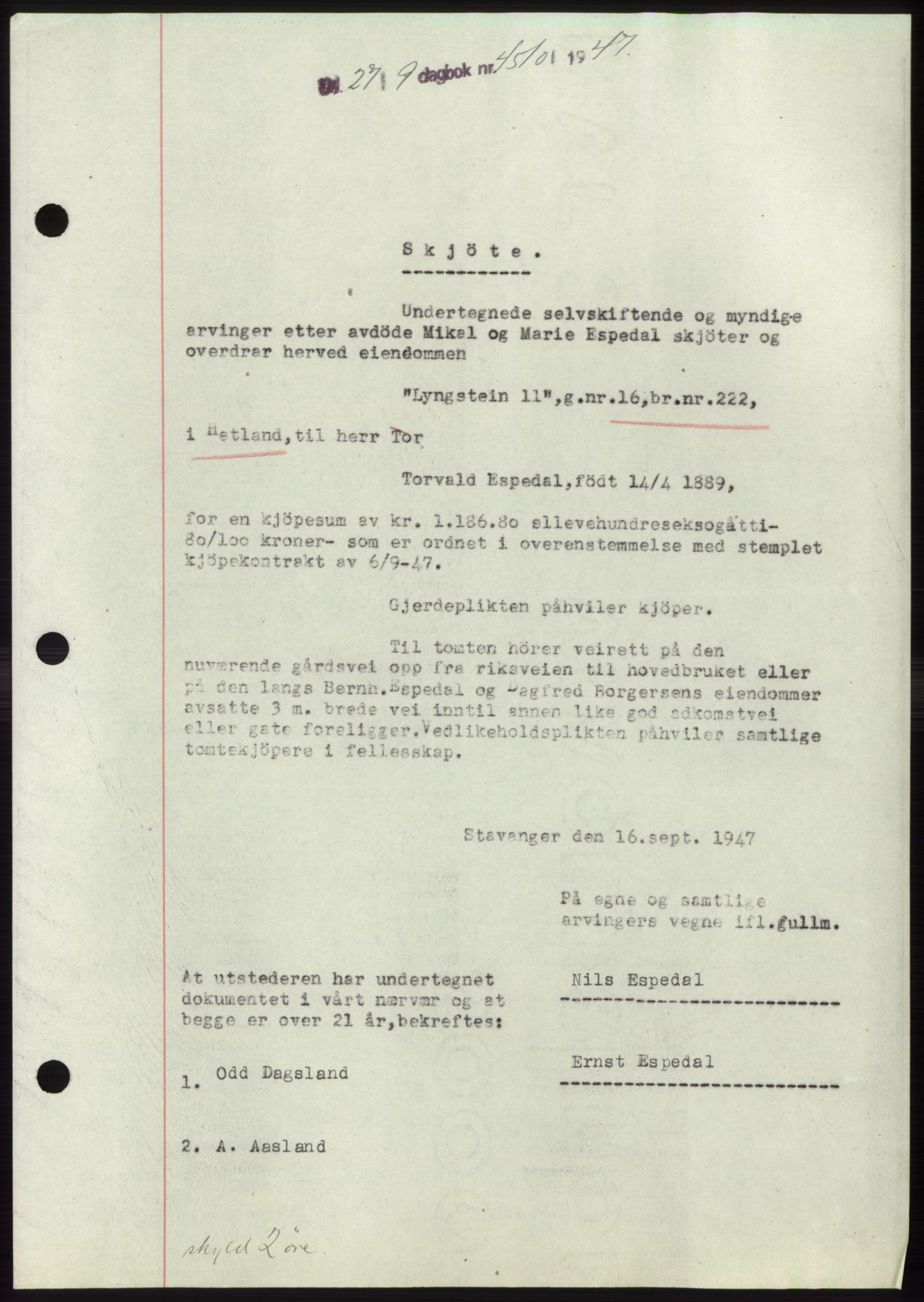 Jæren sorenskriveri, SAST/A-100310/03/G/Gba/L0096: Pantebok, 1947-1947, Dagboknr: 4510/1947