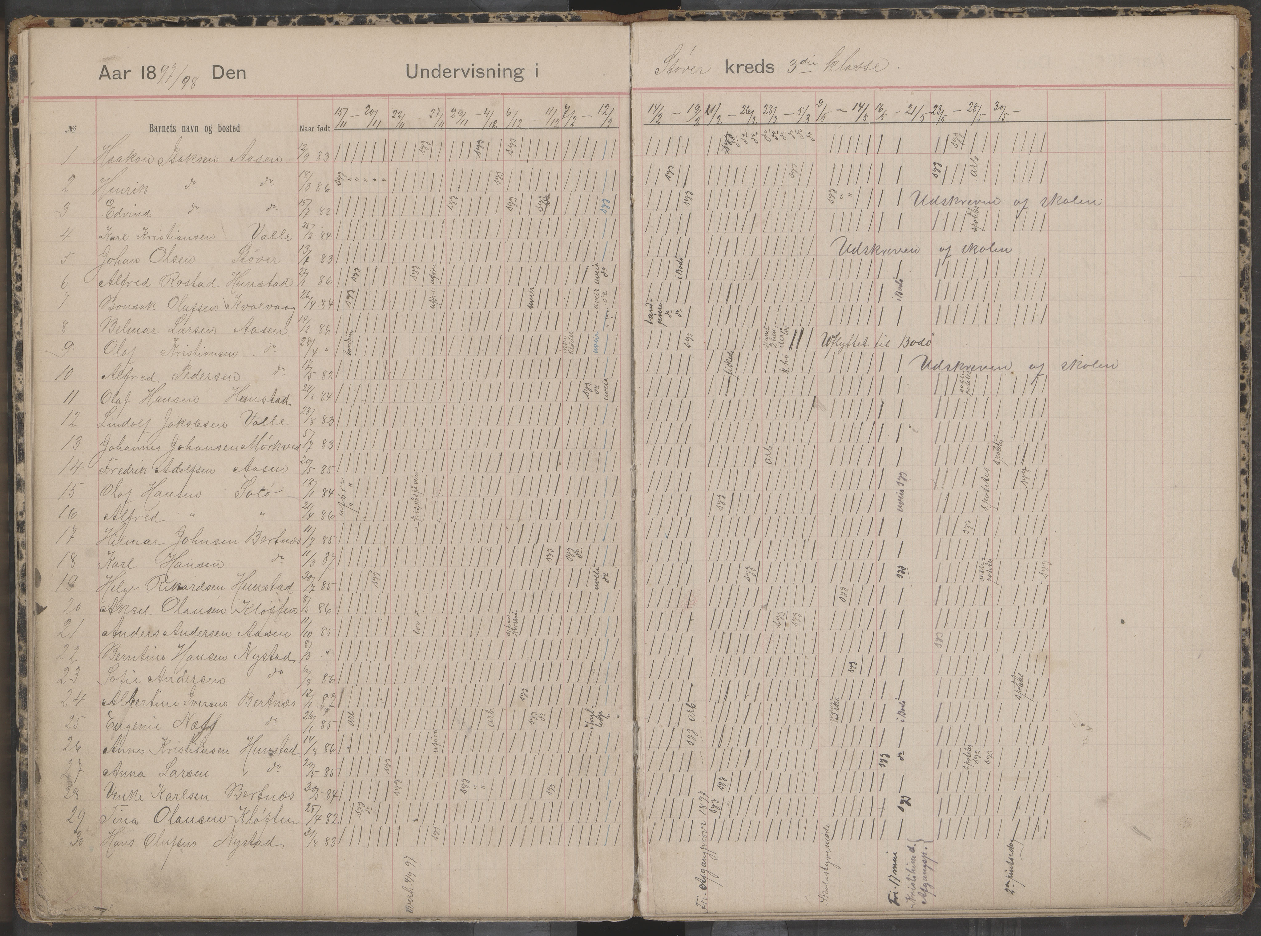 Bodin kommune. Støver skolekrets, AIN/K-18431.510.07/F/Fa/L0001: Dagbok for skolehold og skolesøkning, 1892-1905