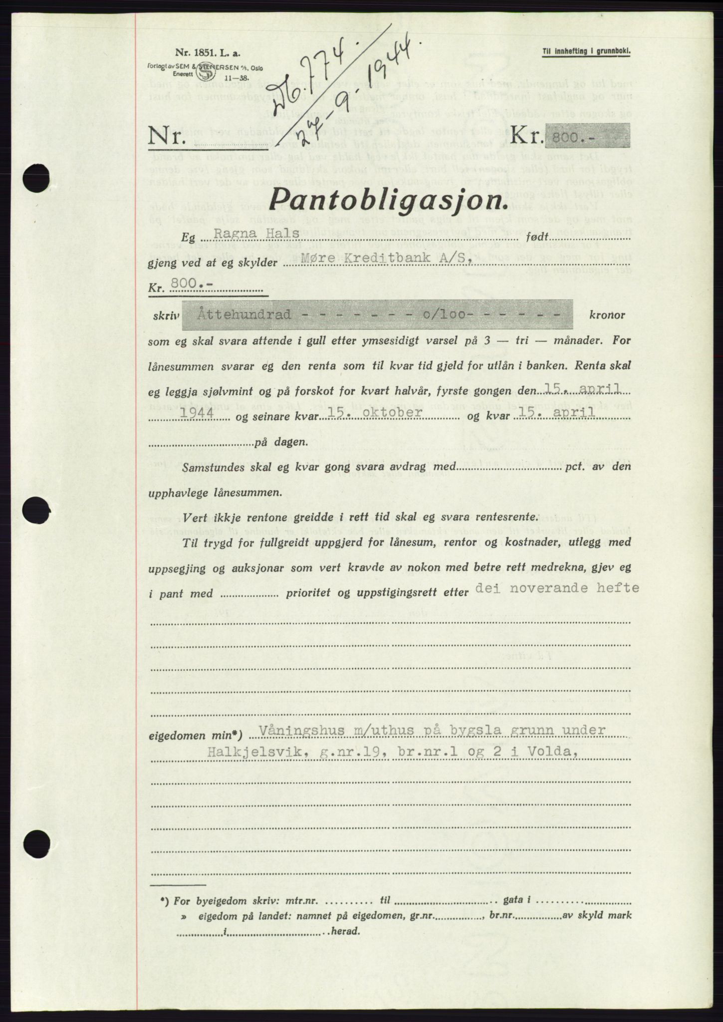 Søre Sunnmøre sorenskriveri, AV/SAT-A-4122/1/2/2C/L0114: Pantebok nr. 1-2B, 1943-1947, Dagboknr: 774/1944