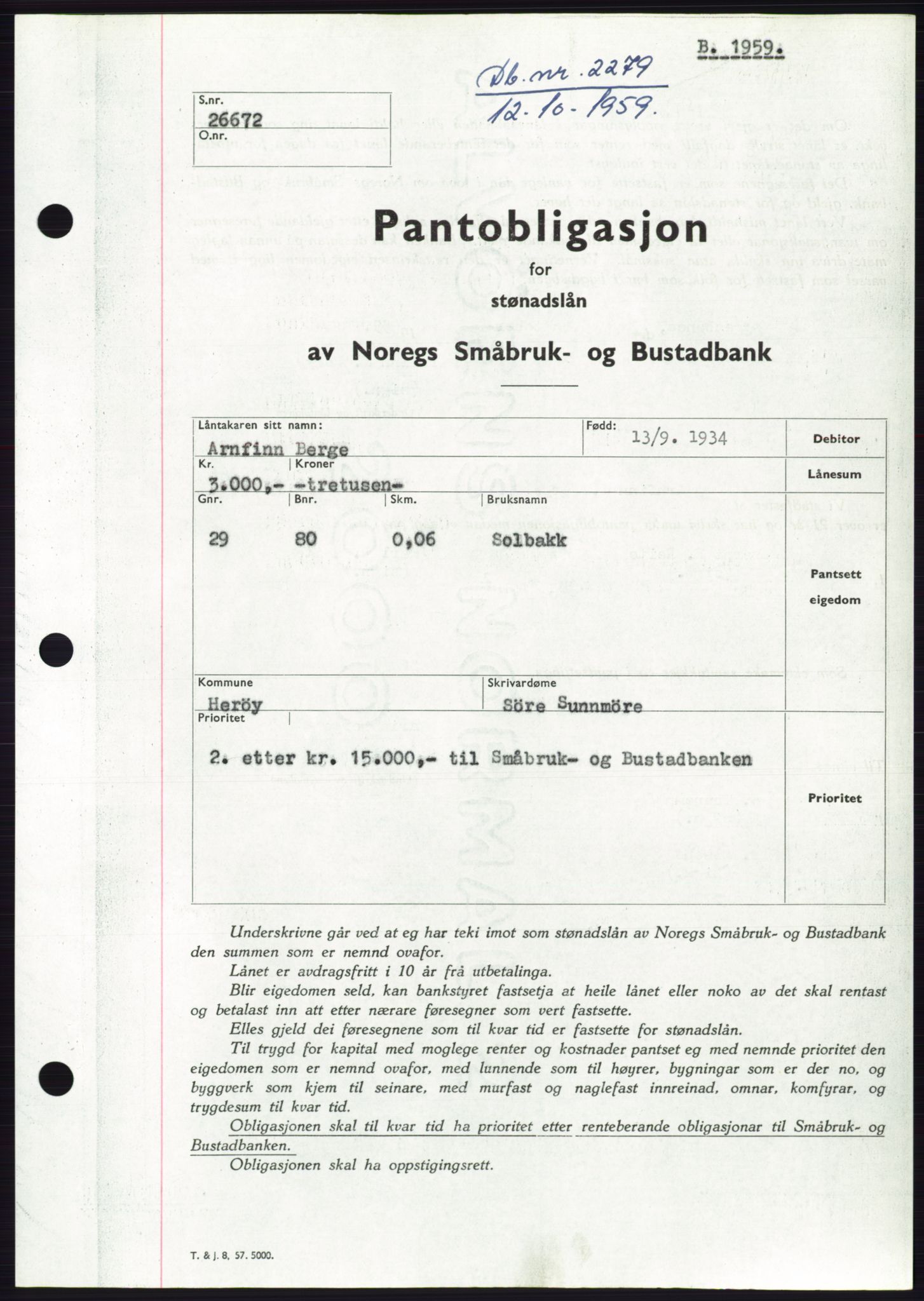 Søre Sunnmøre sorenskriveri, SAT/A-4122/1/2/2C/L0133: Pantebok nr. 21B, 1959-1959, Dagboknr: 2279/1959