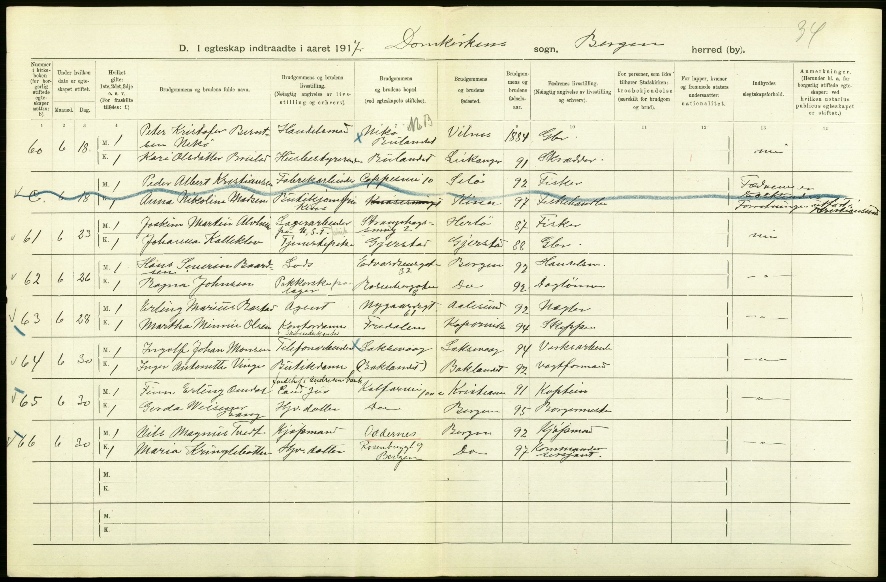 Statistisk sentralbyrå, Sosiodemografiske emner, Befolkning, AV/RA-S-2228/D/Df/Dfb/Dfbg/L0038: Bergen: Gifte, døde, dødfødte., 1917, s. 18