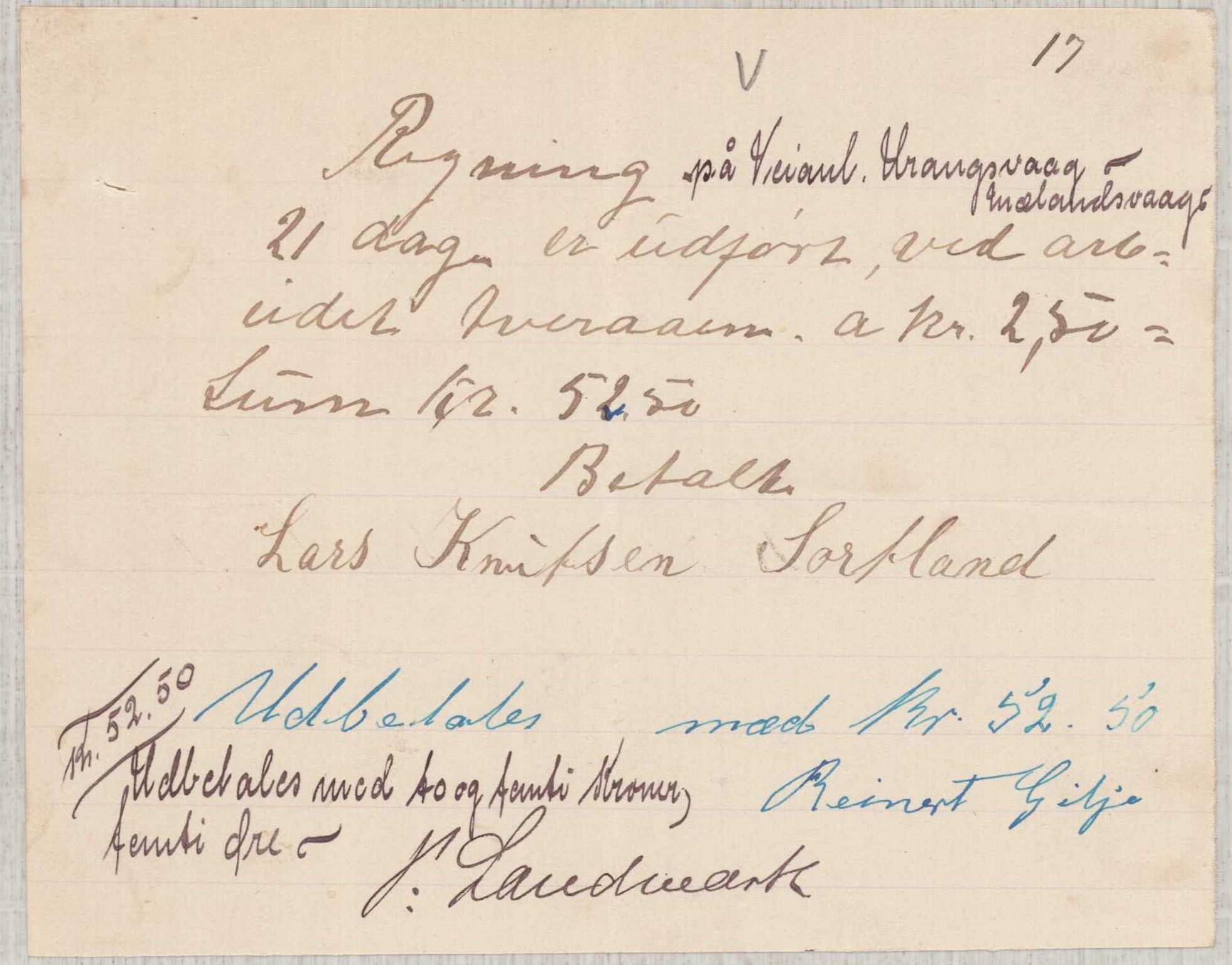 Finnaas kommune. Formannskapet, IKAH/1218a-021/E/Ea/L0002/0003: Rekneskap for veganlegg / Rekneskap for veganlegget Urangsvåg - Mælandsvåg, 1904-1905, s. 84