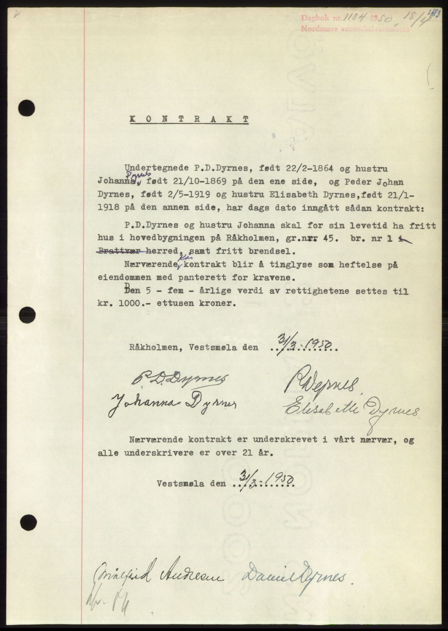 Nordmøre sorenskriveri, SAT/A-4132/1/2/2Ca: Pantebok nr. B104, 1950-1950, Dagboknr: 1184/1950