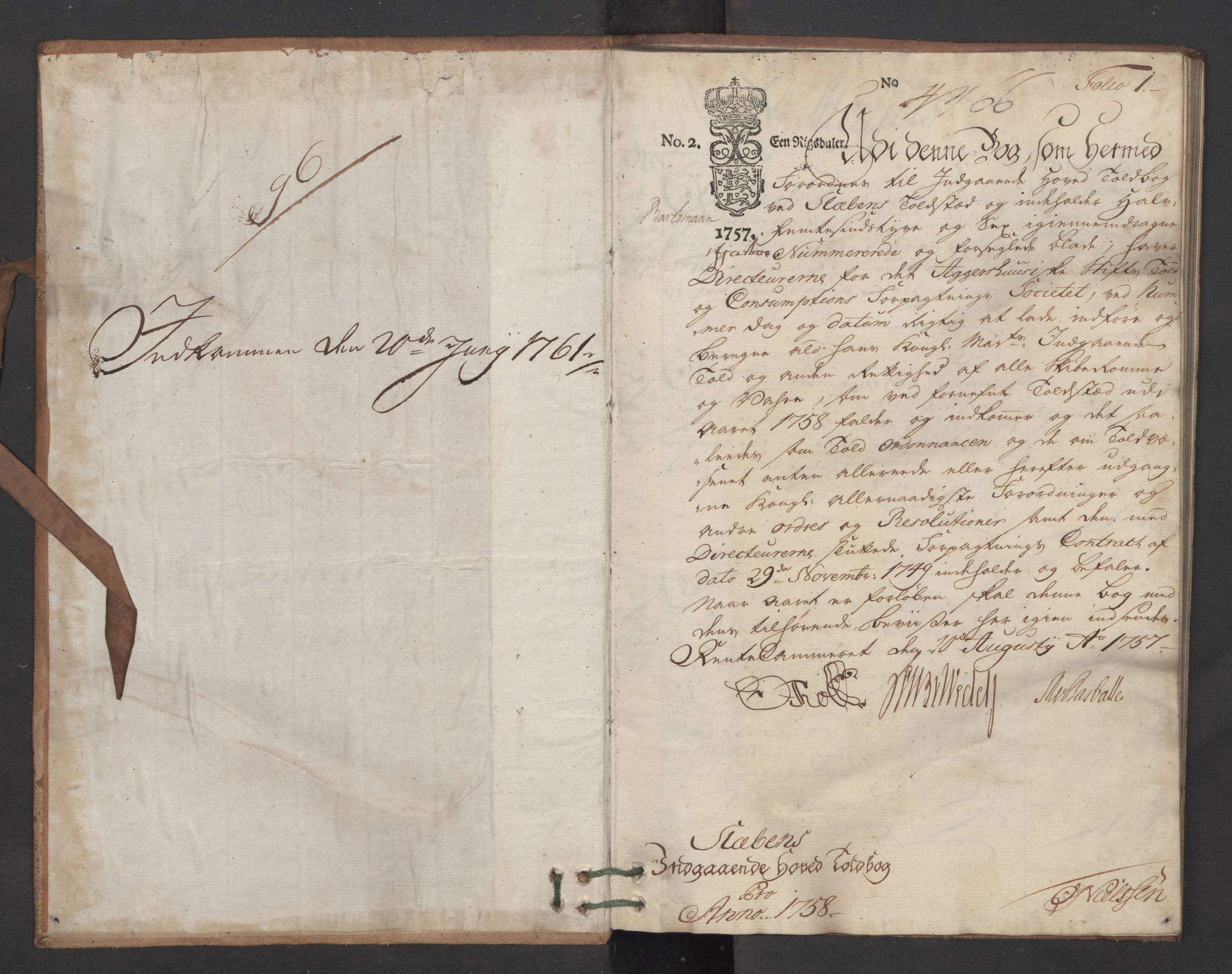 Generaltollkammeret, tollregnskaper, RA/EA-5490/R06/L0046b/0001: Tollregnskaper Kristiania / Inngående hovedtollbok Slependen, 1758