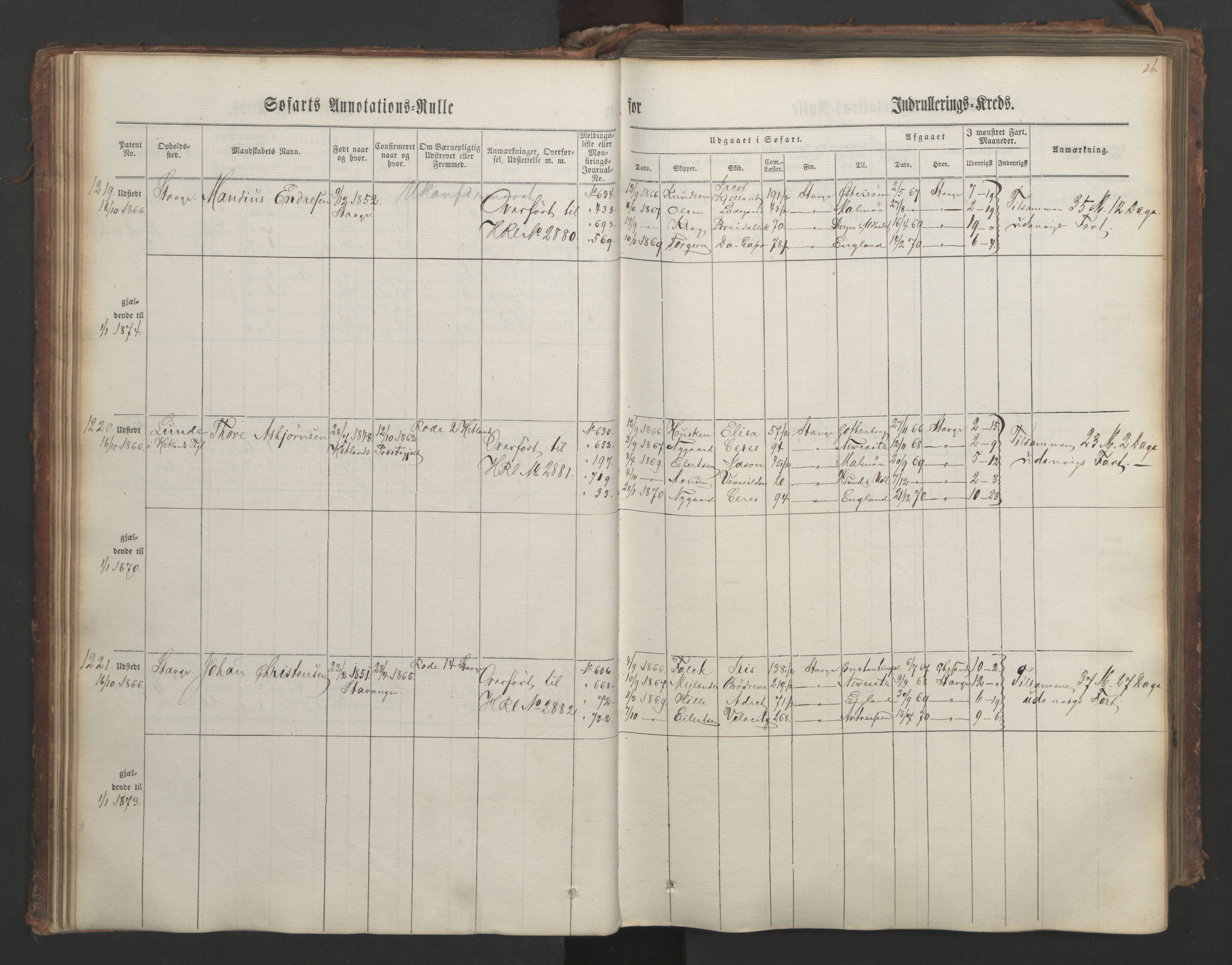 Stavanger sjømannskontor, AV/SAST-A-102006/F/Ff/L0003: Annotasjonsrulle, patentnr. 1144-1761, 1866, s. 34