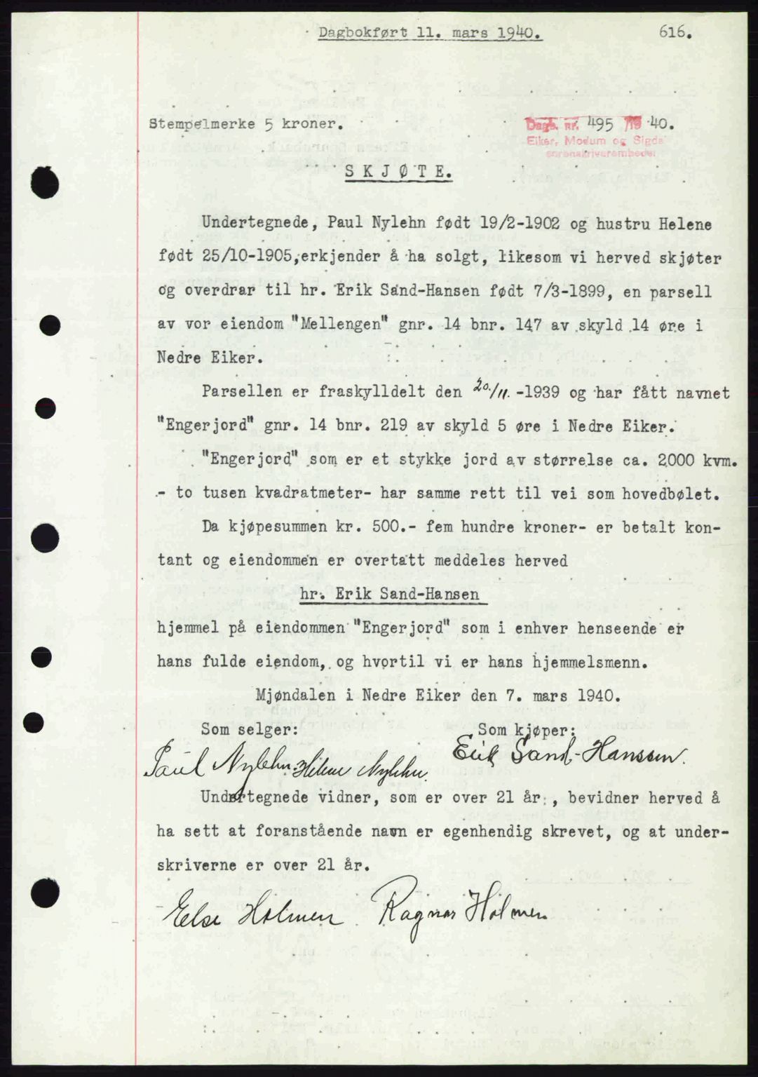 Eiker, Modum og Sigdal sorenskriveri, SAKO/A-123/G/Ga/Gab/L0041: Pantebok nr. A11, 1939-1940, Dagboknr: 495/1940