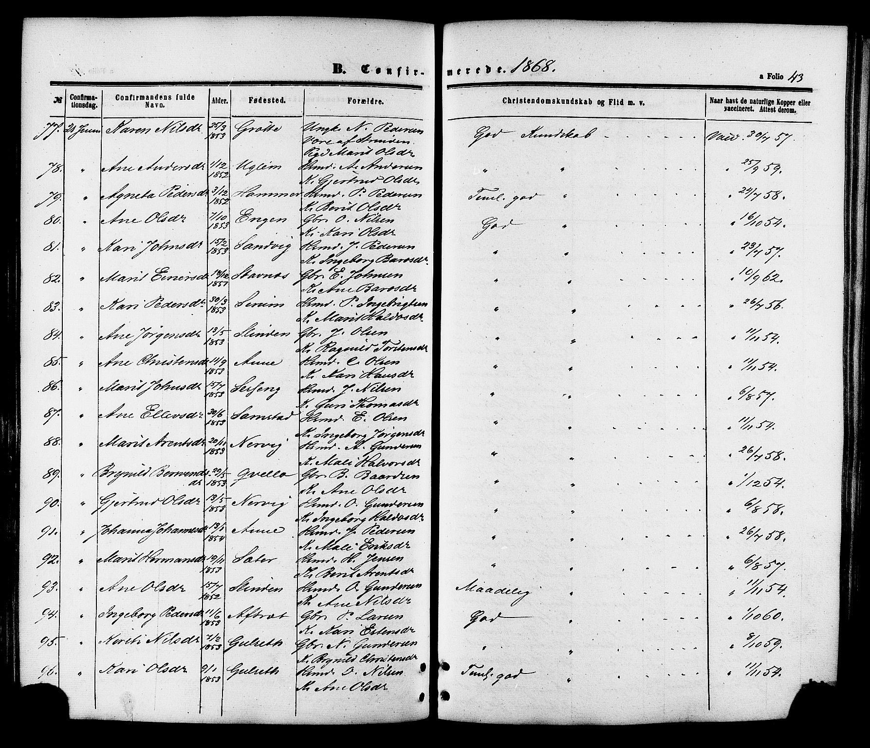 Ministerialprotokoller, klokkerbøker og fødselsregistre - Sør-Trøndelag, SAT/A-1456/695/L1147: Ministerialbok nr. 695A07, 1860-1877, s. 43