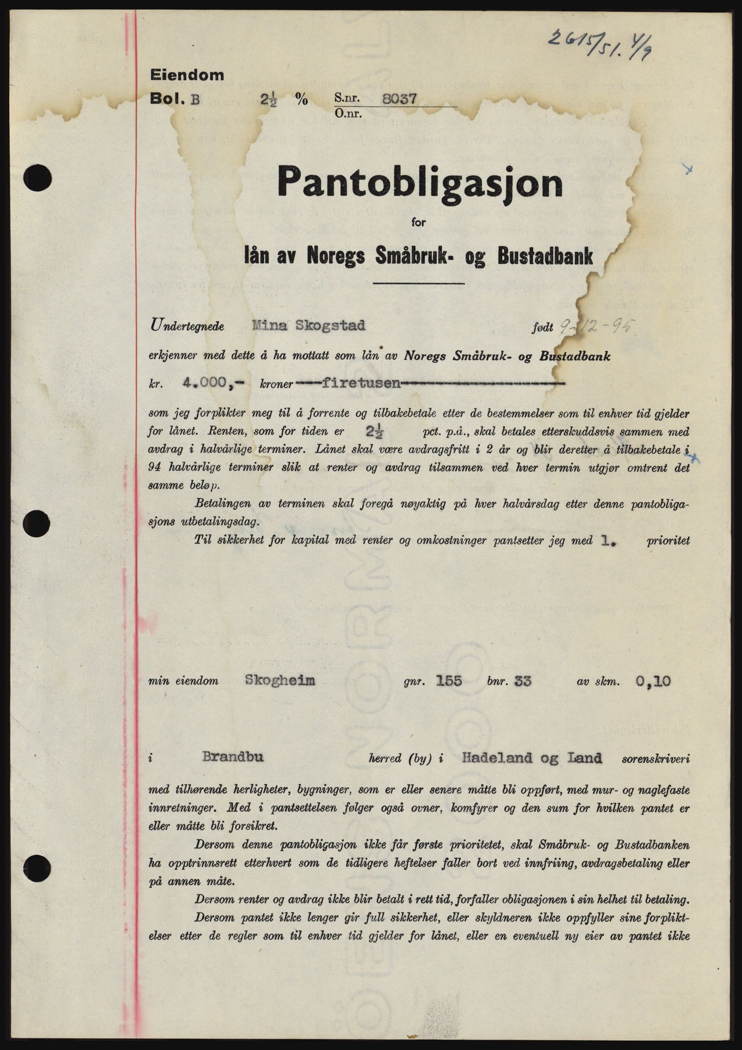 Hadeland og Land tingrett, SAH/TING-010/H/Hb/Hbc/L0022: Pantebok nr. B22, 1951-1951, Dagboknr: 2615/1951