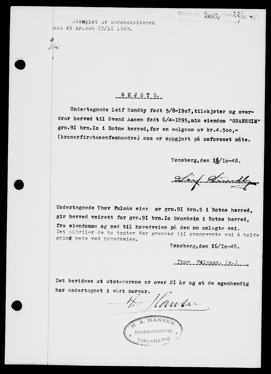 Holmestrand sorenskriveri, SAKO/A-67/G/Ga/Gaa/L0065: Pantebok nr. A-65, 1948-1949, Dagboknr: 2002/1948