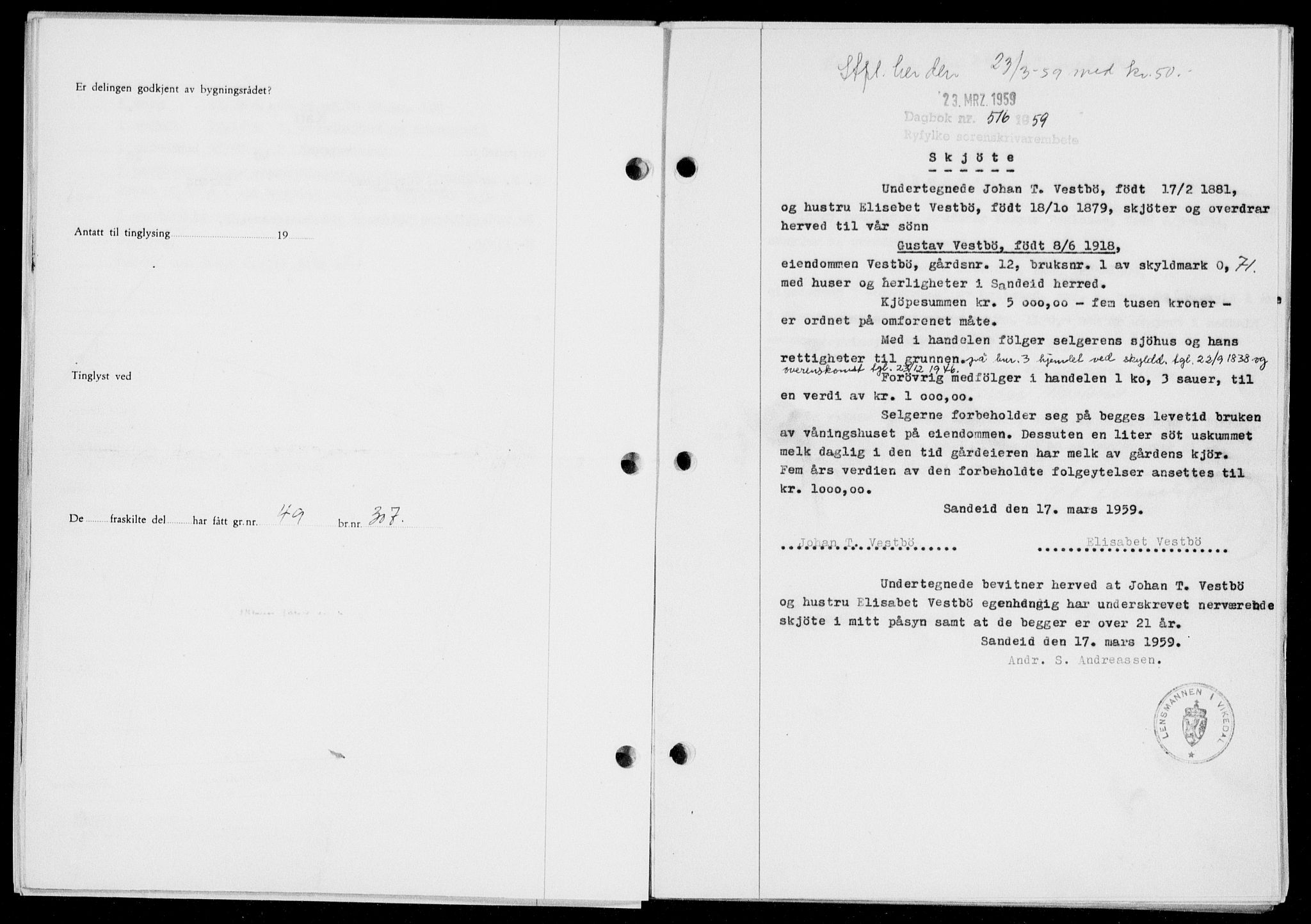 Ryfylke tingrett, SAST/A-100055/001/II/IIB/L0146: Pantebok nr. 125, 1965-1959, Dagboknr: 516/1959