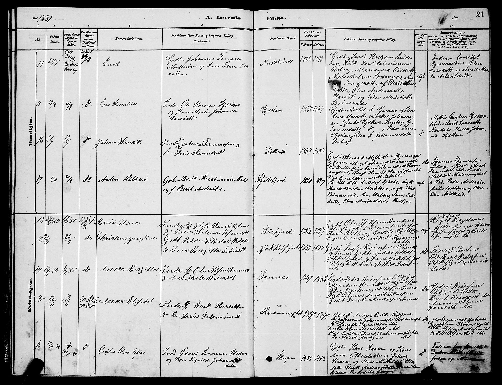 Skjervøy sokneprestkontor, AV/SATØ-S-1300/H/Ha/Hab/L0015klokker: Klokkerbok nr. 15, 1878-1890, s. 21