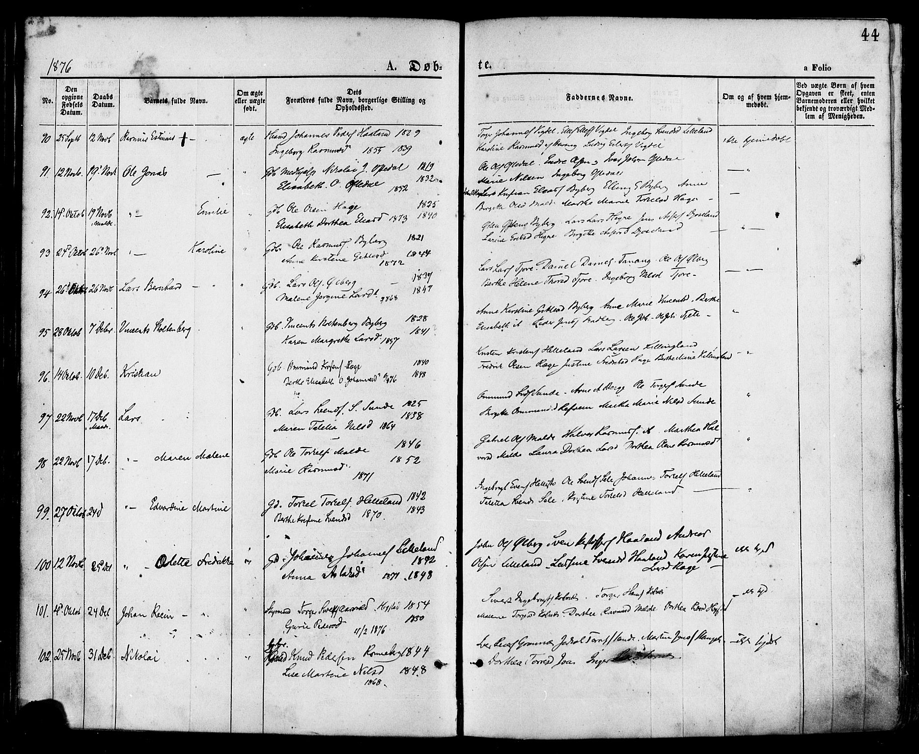 Håland sokneprestkontor, AV/SAST-A-101802/001/30BA/L0009: Ministerialbok nr. A 8, 1871-1882, s. 44