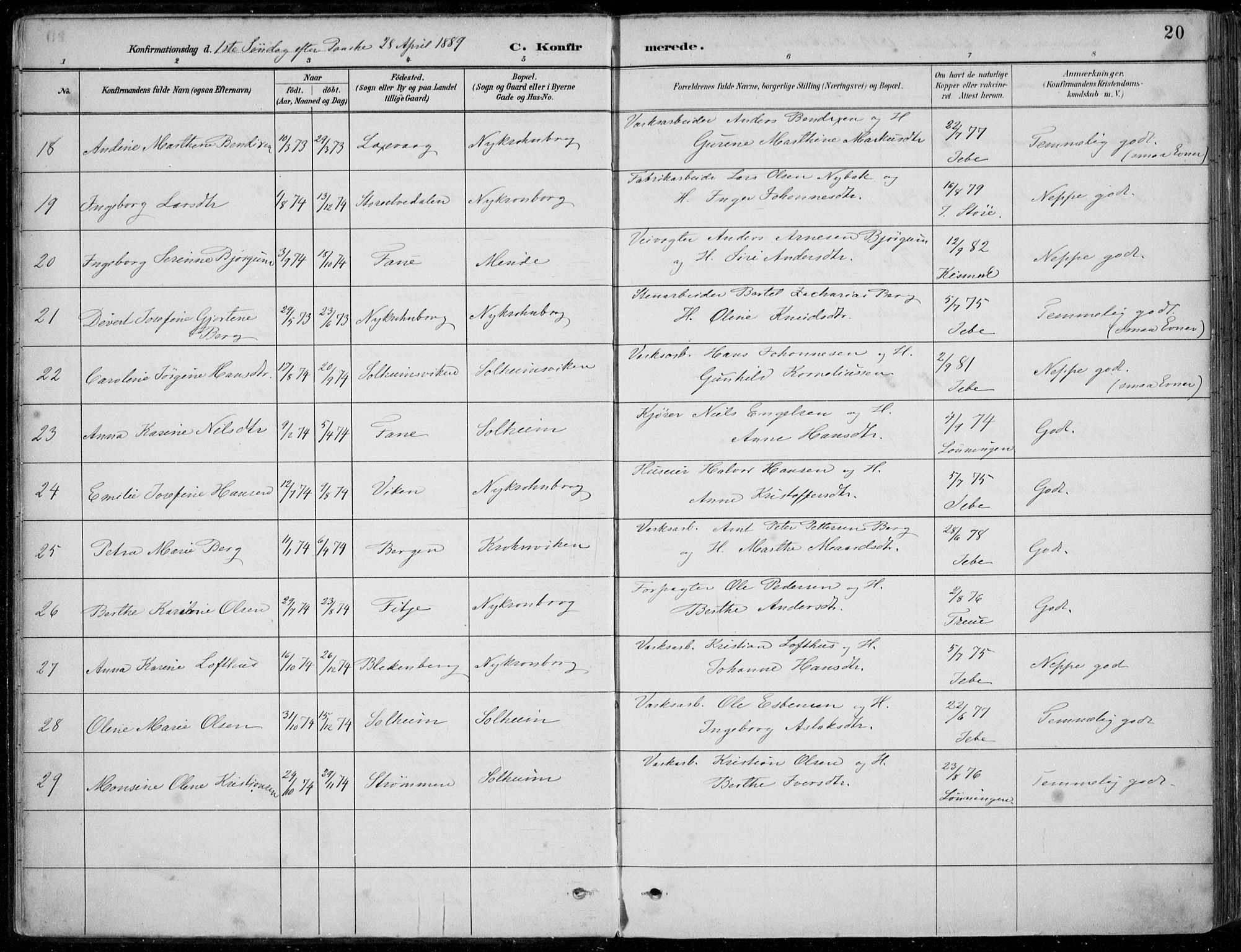 Årstad Sokneprestembete, AV/SAB-A-79301/H/Haa/L0006: Ministerialbok nr. B 1, 1886-1901, s. 20