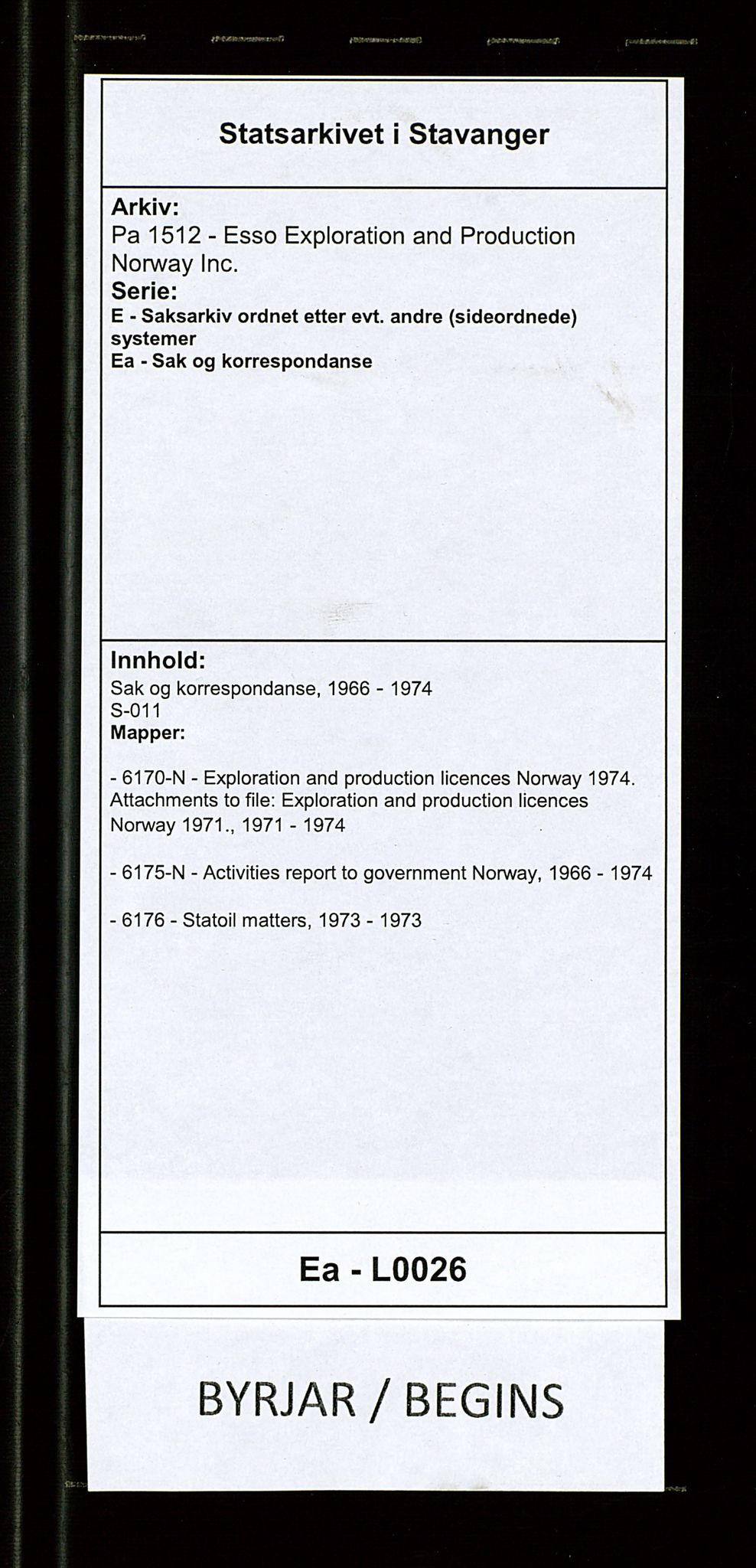 Pa 1512 - Esso Exploration and Production Norway Inc., AV/SAST-A-101917/E/Ea/L0026: Sak og korrespondanse, 1966-1974, s. 1