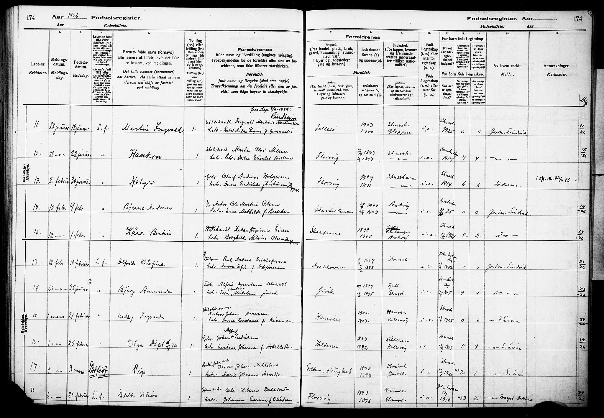 Askøy Sokneprestembete, AV/SAB-A-74101/I/Id/L00A1: Fødselsregister nr. A 1, 1916-1928, s. 174