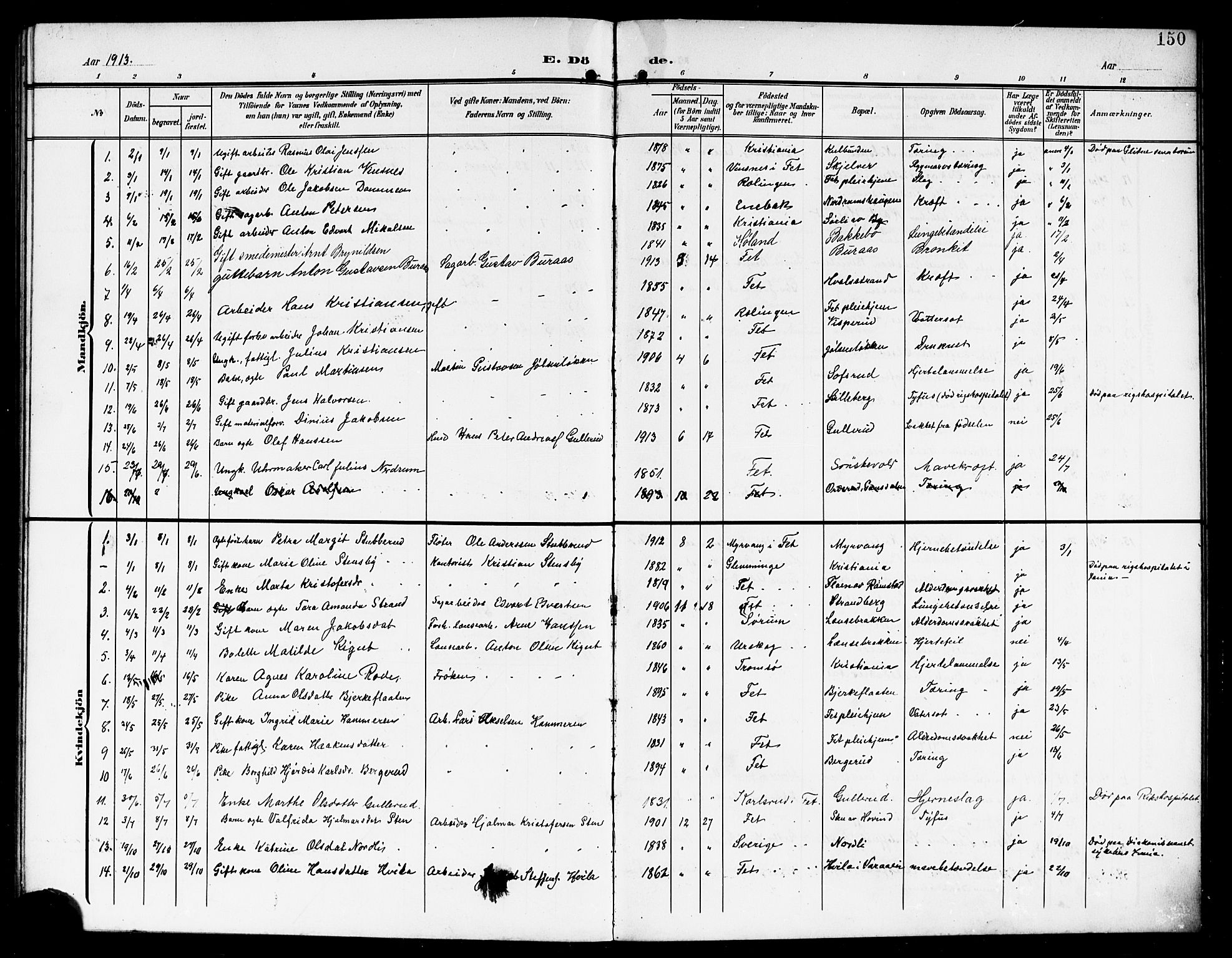 Fet prestekontor Kirkebøker, AV/SAO-A-10370a/G/Ga/L0008: Klokkerbok nr. I 8, 1907-1920, s. 150