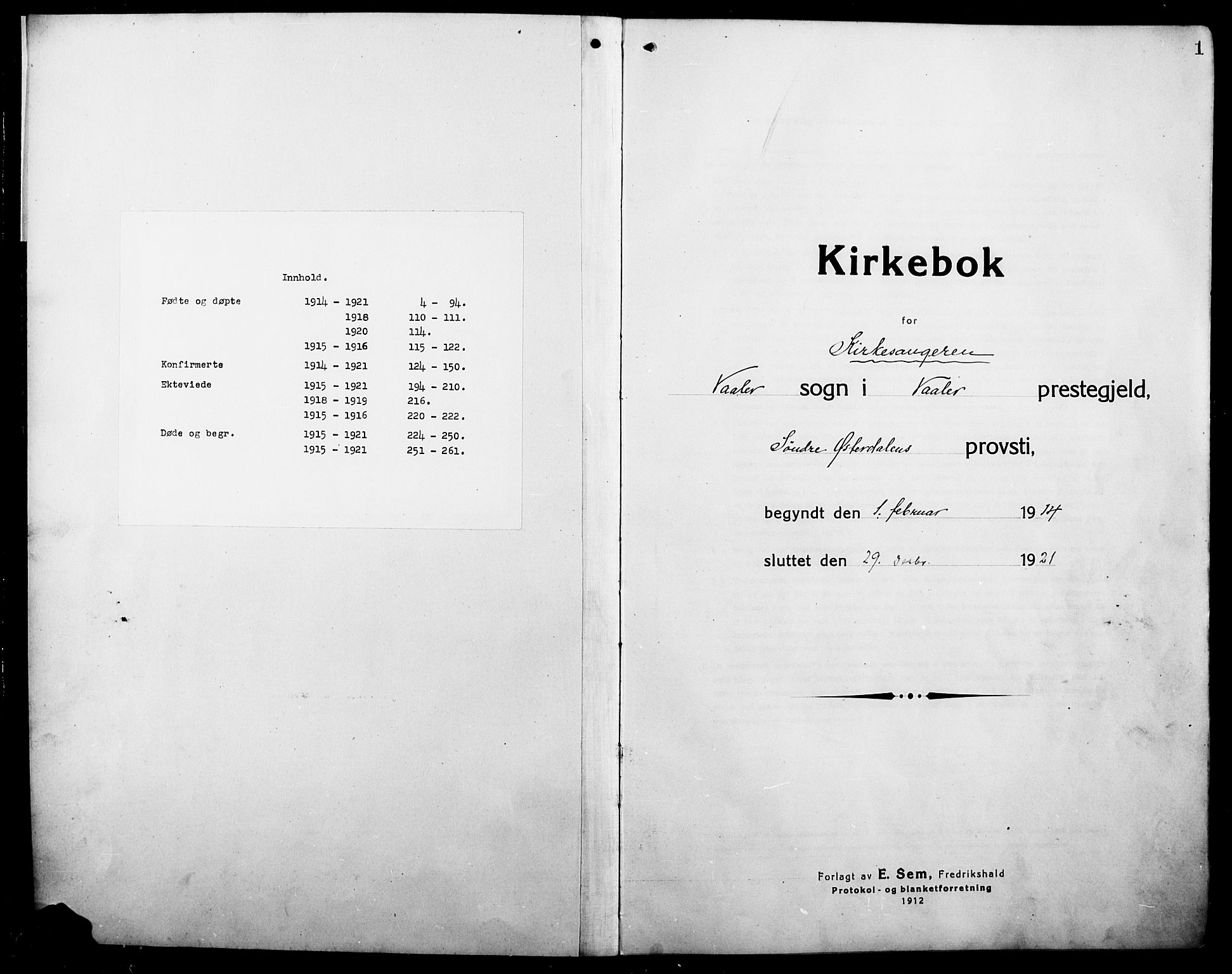Våler prestekontor, Hedmark, AV/SAH-PREST-040/H/Ha/Hab/L0003: Klokkerbok nr. 3, 1914-1921, s. 1